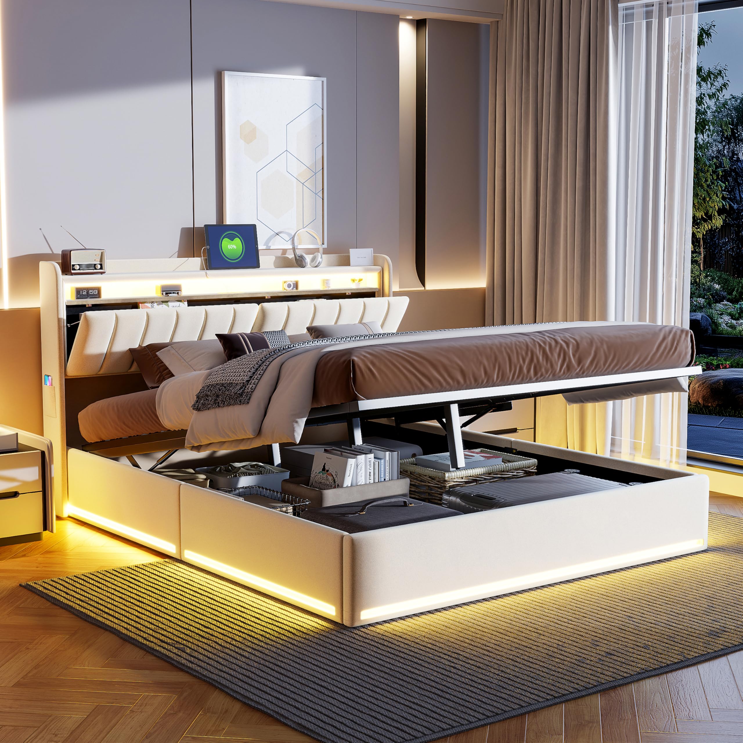 Letto Matrimoniale con Contenitore 160x200 cm, Letto Imbottito con illuminazione a LED e USB, letto matrimoniale imbottito,Letto Baule Testiera con Funzione di Stoccaggio, Velluto Beige