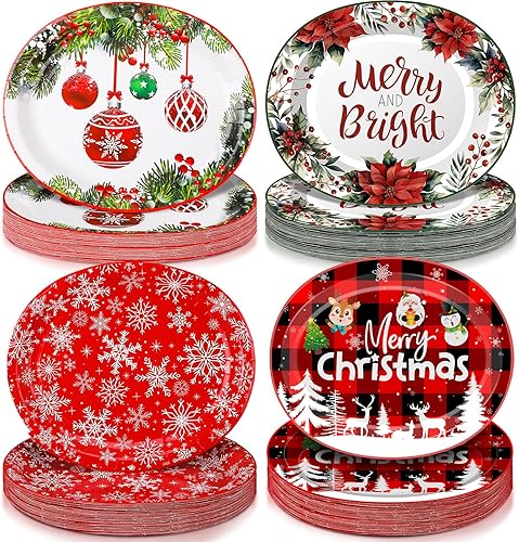 Lemosae 100 platos ovalados de papel de Navidad a granel de 10 x 12.5 pulgadas, plato grande desechable para cena, plato de servir de Navidad para