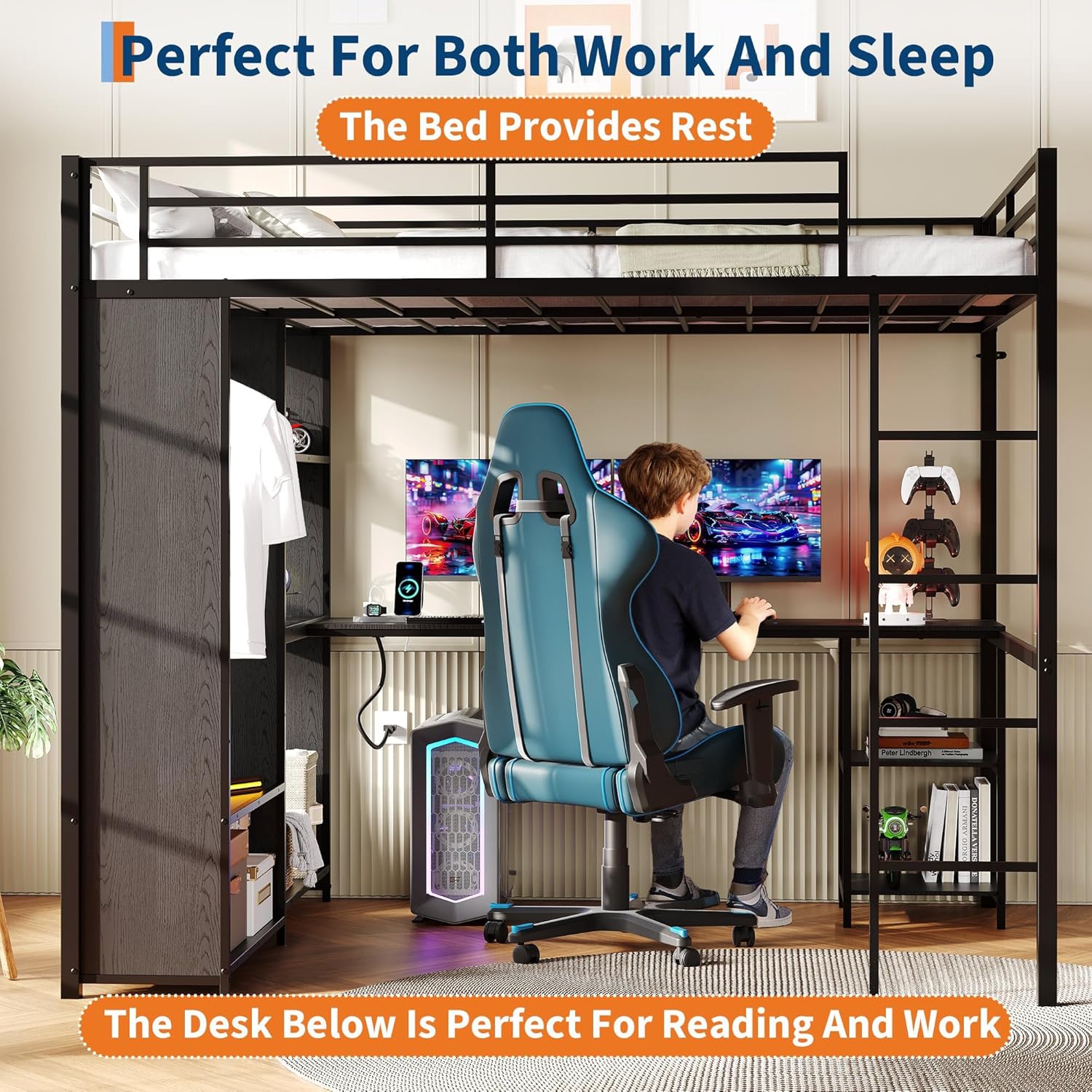 Queen Size Loft Bed with L-Shaped Desk and Wardrobe, Metal Bed Frame with Storage Shelves, Hanging Rod, Ladder, Full-Length Guardrails, LED Lights, Black