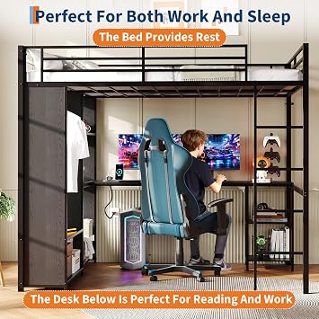 Queen Size Loft Bed with L-Shaped Desk and Wardrobe, Metal Bed Frame with Storage Shelves, Hanging Rod, Ladder, Full-Length Guardrails, LED Lights, Black