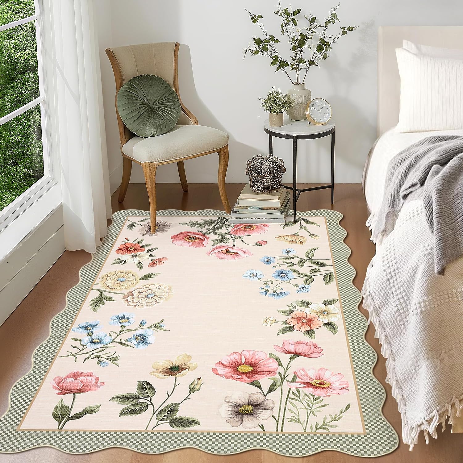 GarveeHome Floral Scalloped Rug, Ultra-Thin Soft 3x5 Area Rug, Non-Slip 3x5 Washable Rugs for Bedroom Stain Resistant Boho Low-Pile Throw Carpet for Dining Room Playroom Nursery, Taupe