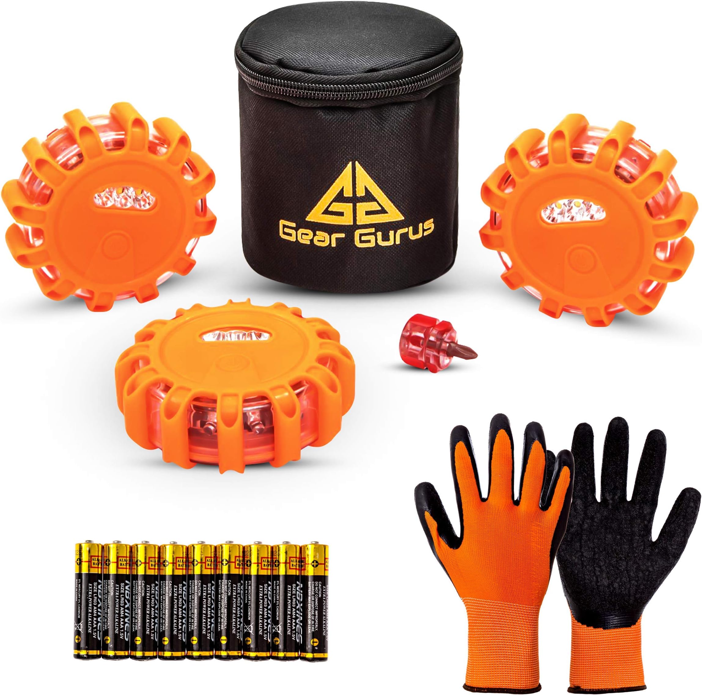 3 Pack LED Road Flares Kit - Flashing Warning Light Emergency Disc Beacon Roadside Flare Safety Light Magnetic Base for Car Truck Boat - Includes Batteries Screwdriver Gloves Storage Bag