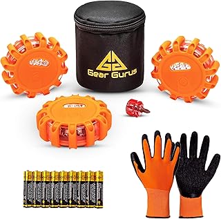 3 Pack LED Road Flares Kit - Flashing Warning Light Emergency Disc Beacon Roadside Flare Safety Light Magnetic Base for Car Truck Boat - Includes Batteries Screwdriver Gloves Storage Bag