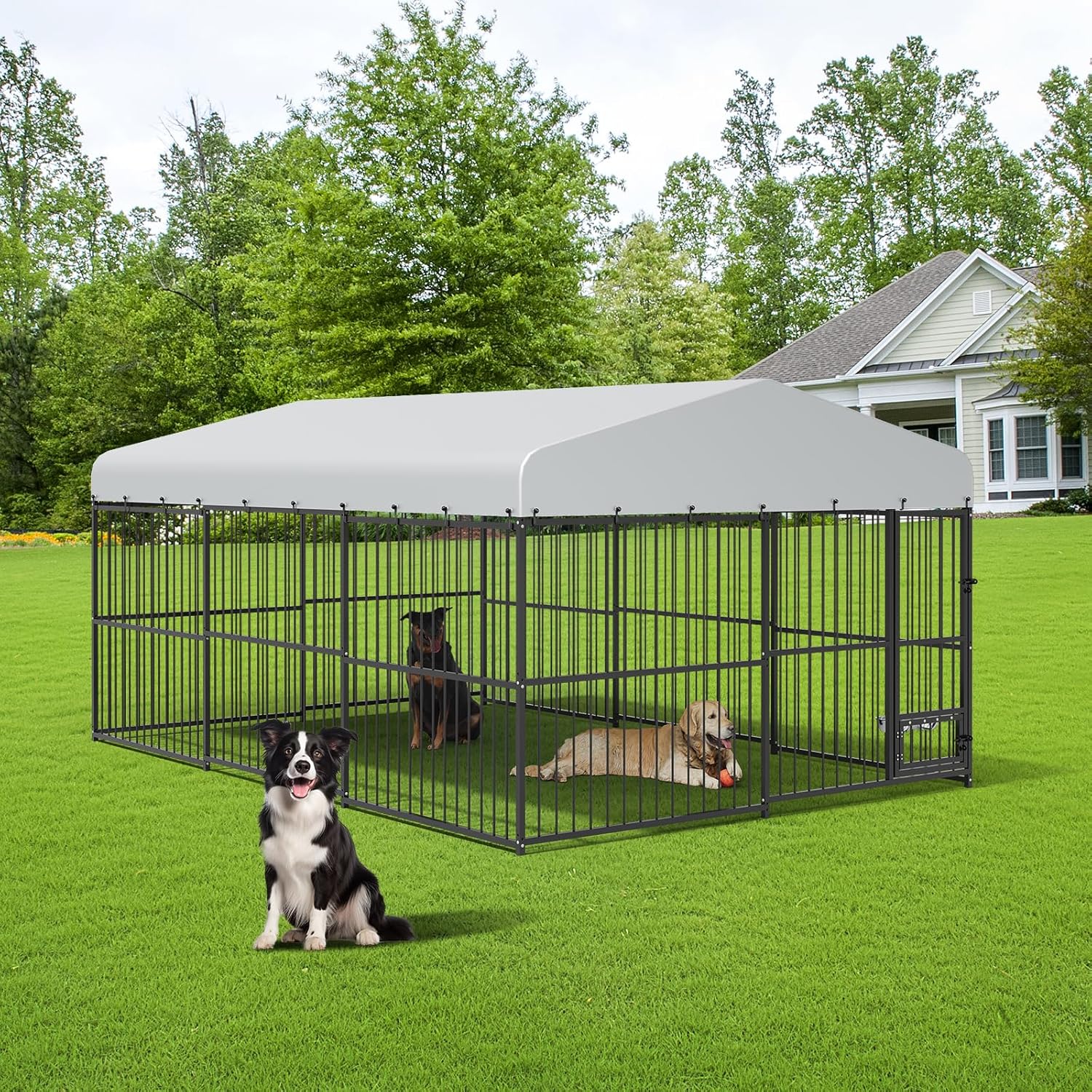 Outdoor Dog Kennel, Large Dog Enclosures with Waterproof Cover, Feeding Doors, Large Dog Kennel Outdoor for Garden Backyard（10×15×6FT）