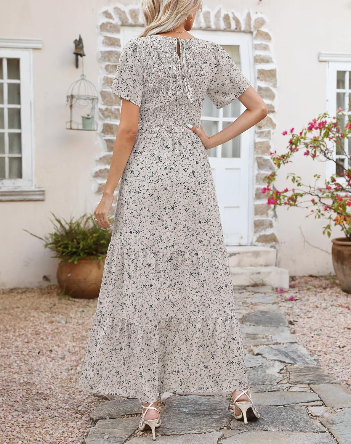 Kranda Women 2025 Summer Fall Crewneck Short Sleeve Smocked Floral Maxi Dress