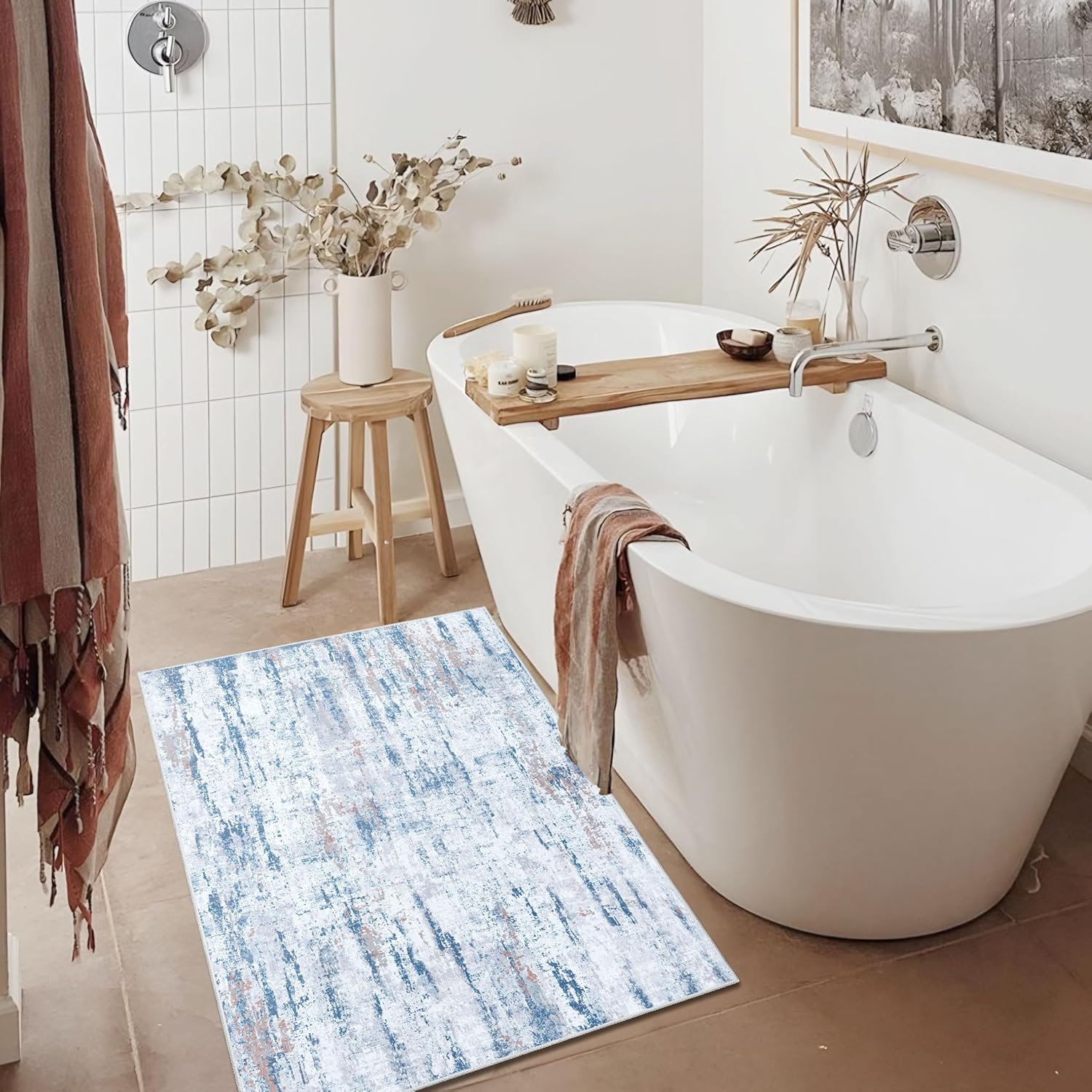 MUJOO 2x3 Washable Rug Small - Entryway Area Rugs Modern Abstract Non Slip Low Pile,Coastal Grey and Blue Rug for Entry Bathroom Kitchen Bedroom