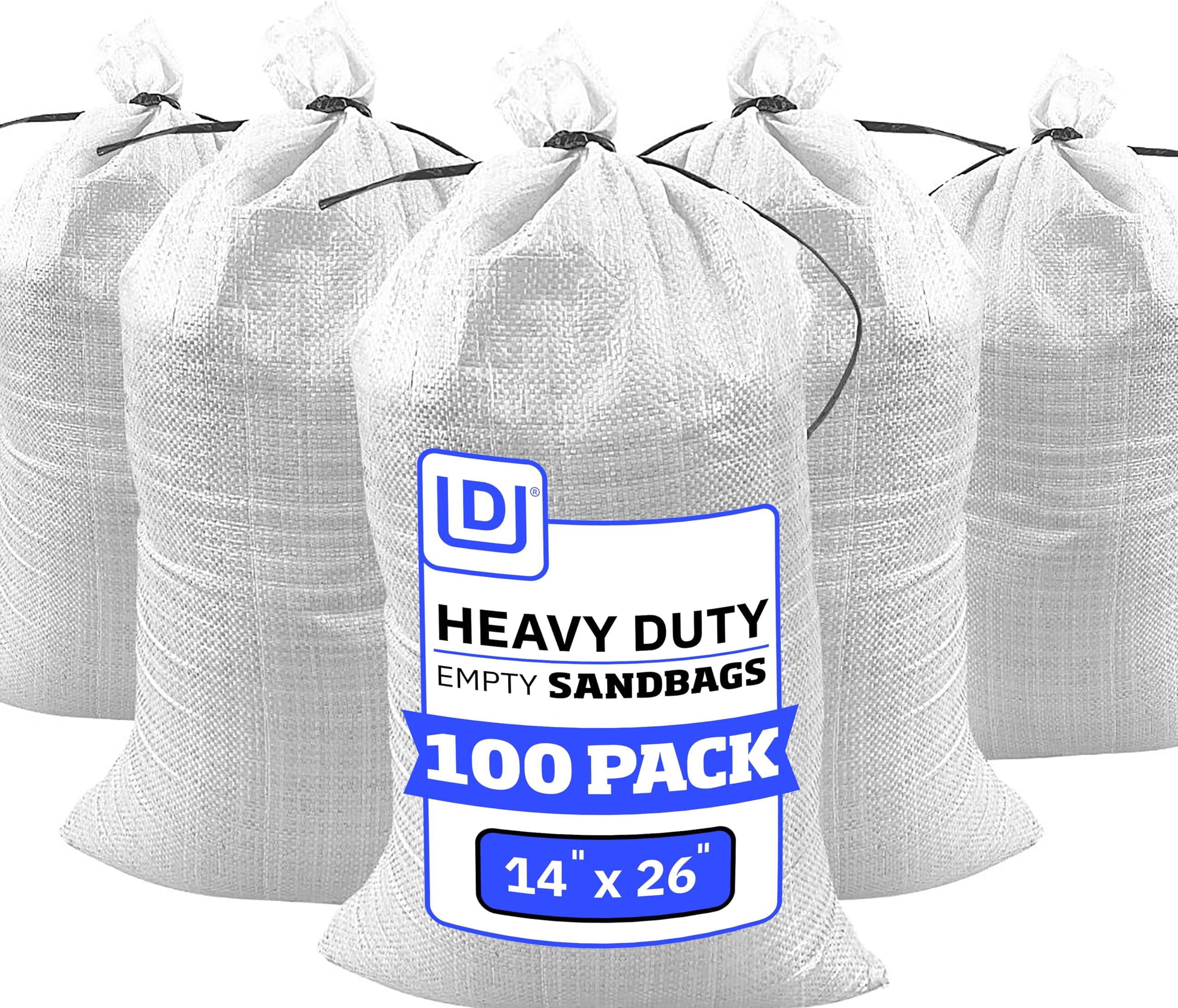 DURASACK Heavy Duty Sand Bags with Tie Strings Empty Woven Polypropylene Sand-Bags with 1600 Hours of UV Protection, 14x26 inches, White, Pack of 100