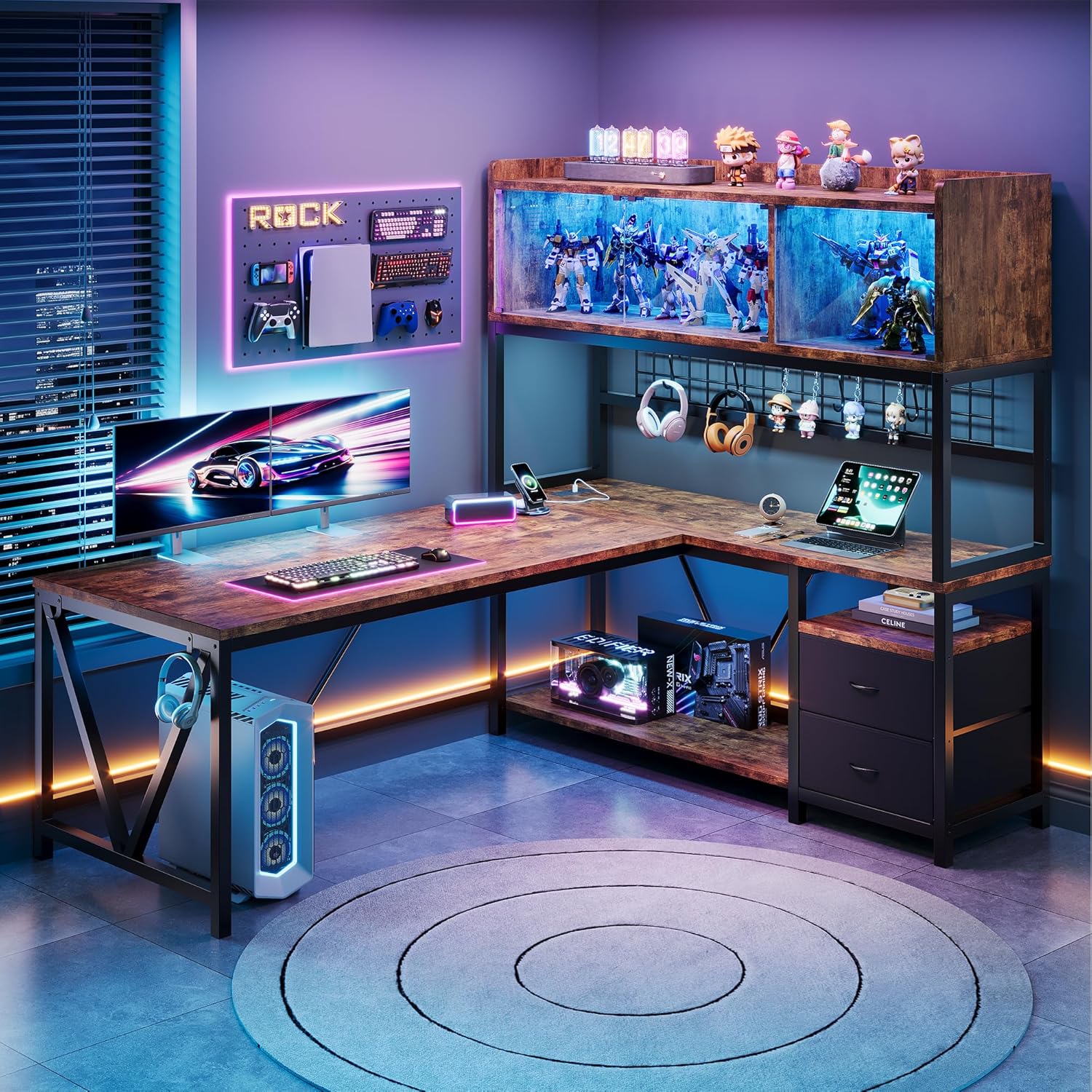 L Shaped Gaming Desk with 2 Drawers and Power Outlet, Modern Corner Computer Desk with 2 LED-Lit Glass Display Shelves, L Shaped Office Desk with Storage for Gaming & Home Office (Vintage)