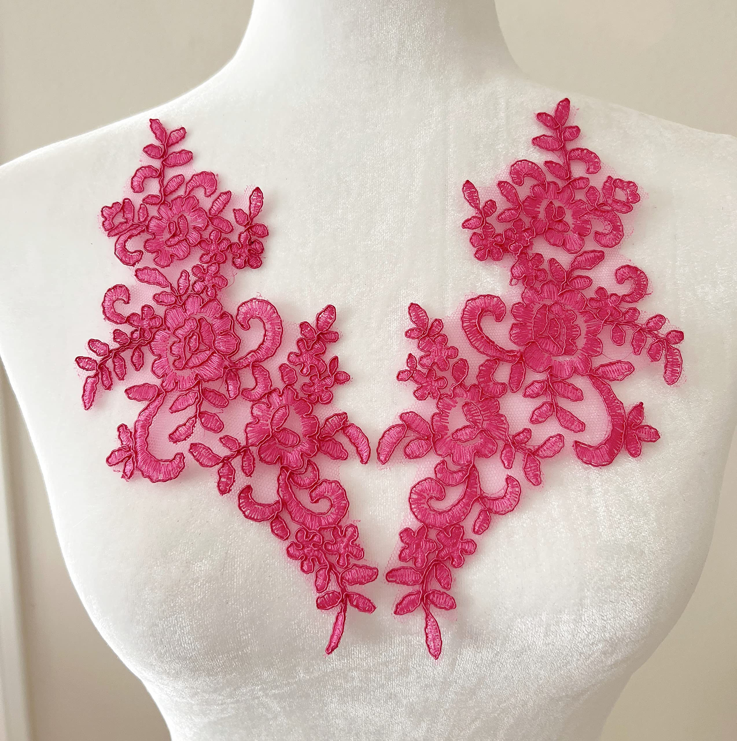 PEPPERLONELY 1 Pair Bridal Lace Flower Sew on Embroidered Lace Applique Wedding Dress Bride's Headdress Adornment DIY Patch Clothing Accessories, 22 x 10cm, Fuchsia
