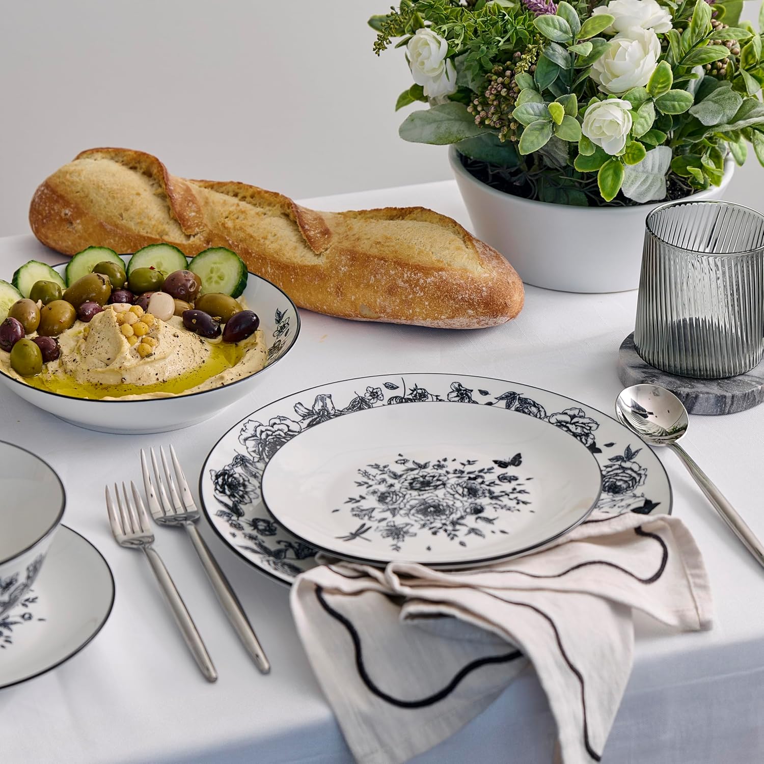 Stone Lain Esme 12-Piece Dinnerware Set Porcelain, Plates and Bowls Set, Dish Set for 4, Microwave and Dishwasher Safe, Black - Image 7