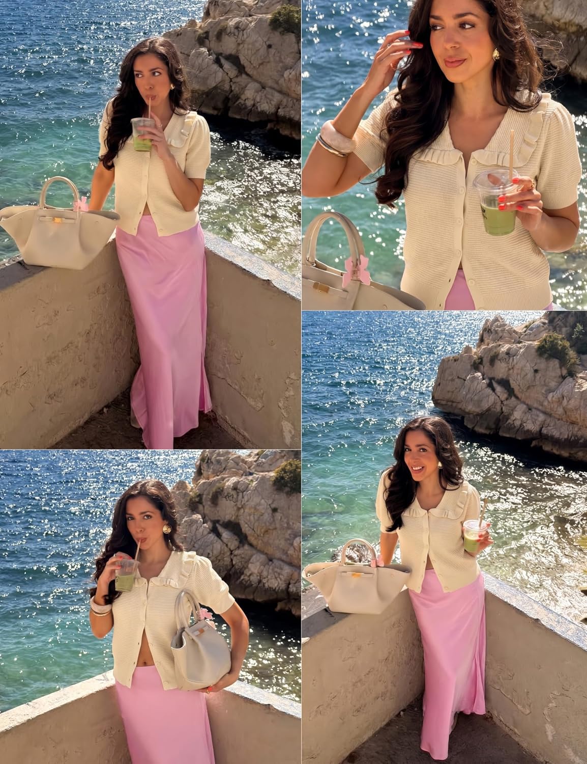 Watashi Short Sleeve Cardigan for Women Ruffle Collar Button Up Crochet Puff Sleeve Sweater Lightweight Summer Knit Tops