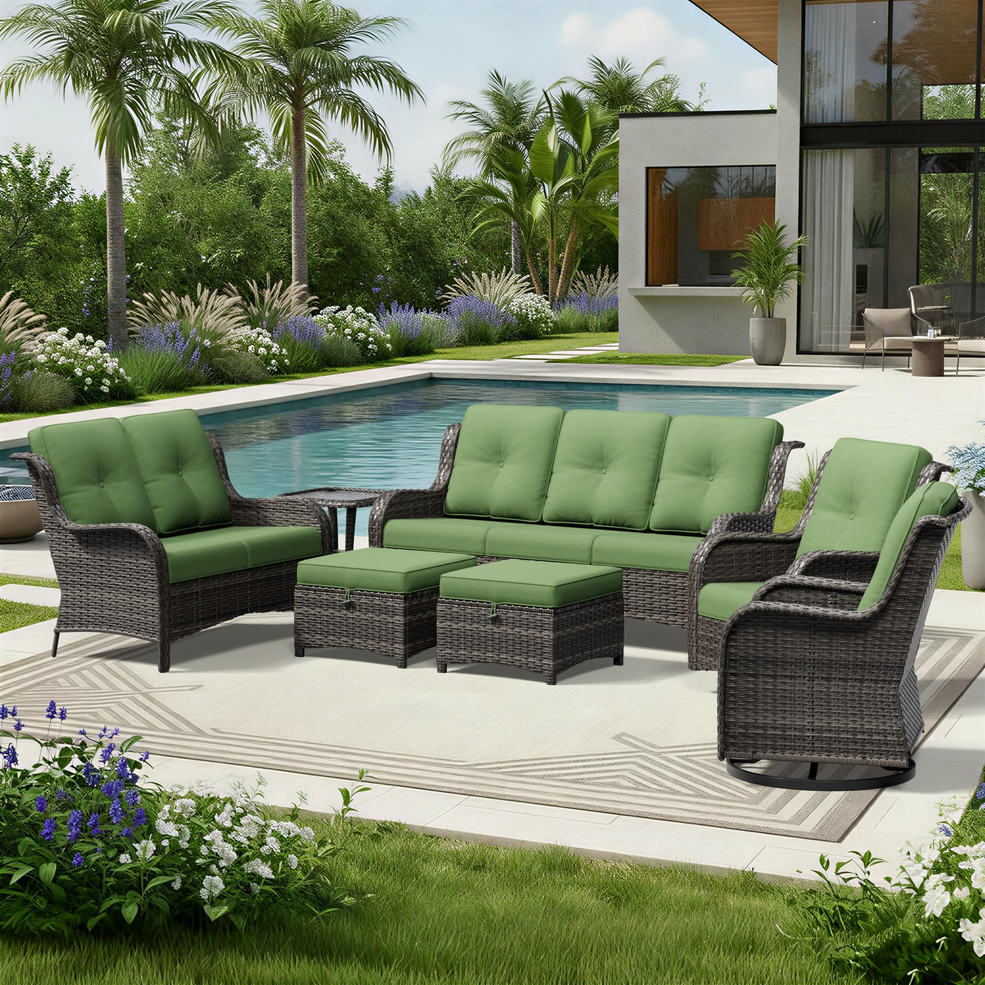 Joyside 7 Piece Wicker Patio Furniture Set, Outdoor Swivel Rocker Patio Chairs with High Back, Deep Seating, Wide Armrest, Thickened Cushions, Outdoor Furniture for Deck, Porch Use