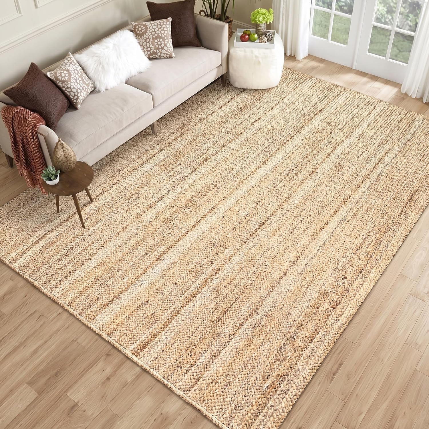 Handcrafted Jute Braided Rug 12x15 Feet - Natural Jute Area Rug Thick 0.27" Natural Solid Farmhouse Rugs for Bedroom, Dining Room, Indoor Outdoor, Decorative Floor Carpet