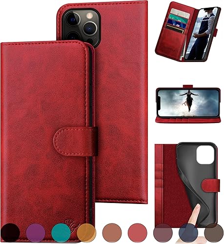 Miniatura 8 de Funda tipo cartera de piel auténtica para iPhone 1212 Pro de 6.1 pulgadas con bloqueo RFID, 4 tarjeteros de crédito. Cuero auténtico Funda