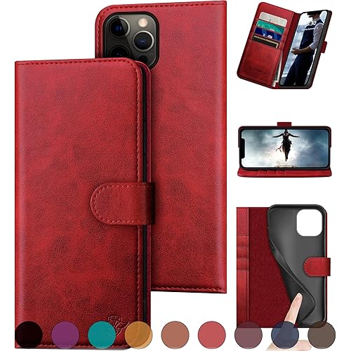 for iPhone 12 Pro Max 6.7" Genuine Leather Wallet case【RFID Blocking】【4 Credit Card Holder】【Real Leather】 Flip Folio Book Phone case Protective Cover Women Men for Apple 12ProMax case Red