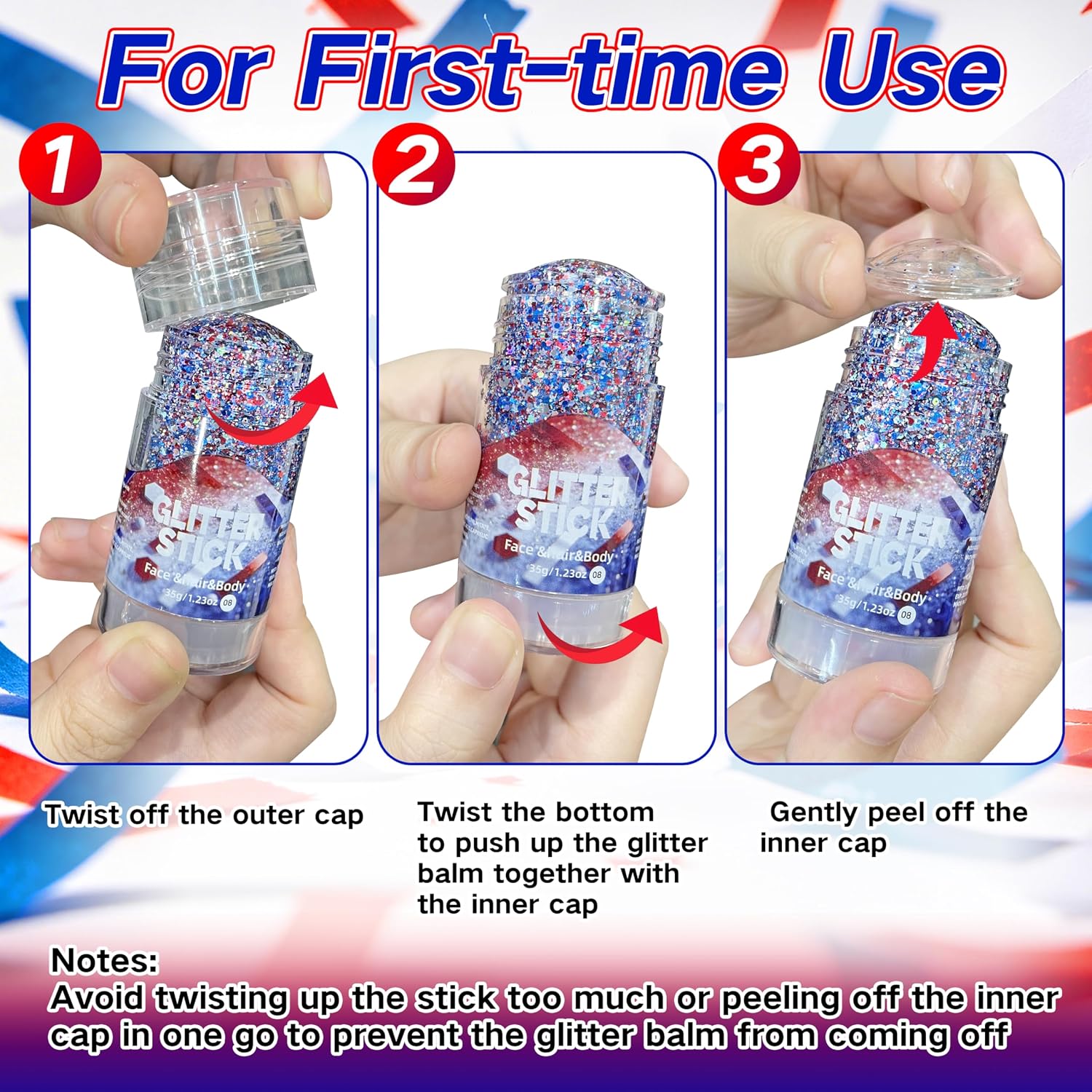 MEICOLY 4th of July Face Glitter Stick,1.23 OZ Red, White and Blue Hair Glitter Patriotic Accessories Outfits for Women,Chunky Fourth of July Body Glitter Makeup for Independence Day