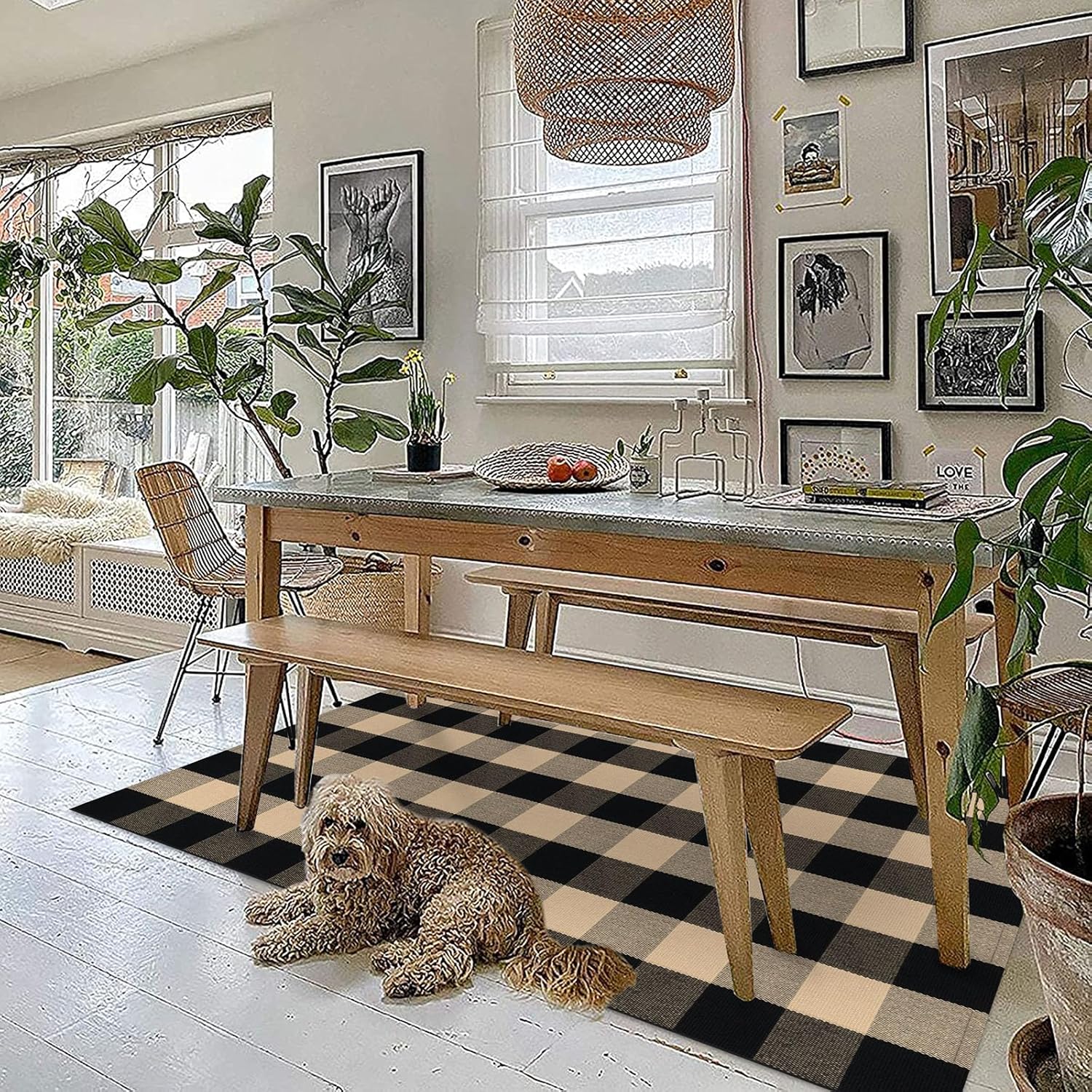KOZYFLY Buffalo Plaid Area Rugs 3x5 Ft Brown and Black Checkered Rug Washable Front Door Mat Hand Woven Cotton Outdoor Rugs Large Rug for Front Porch Kitchen Entryway Patio Bathroom