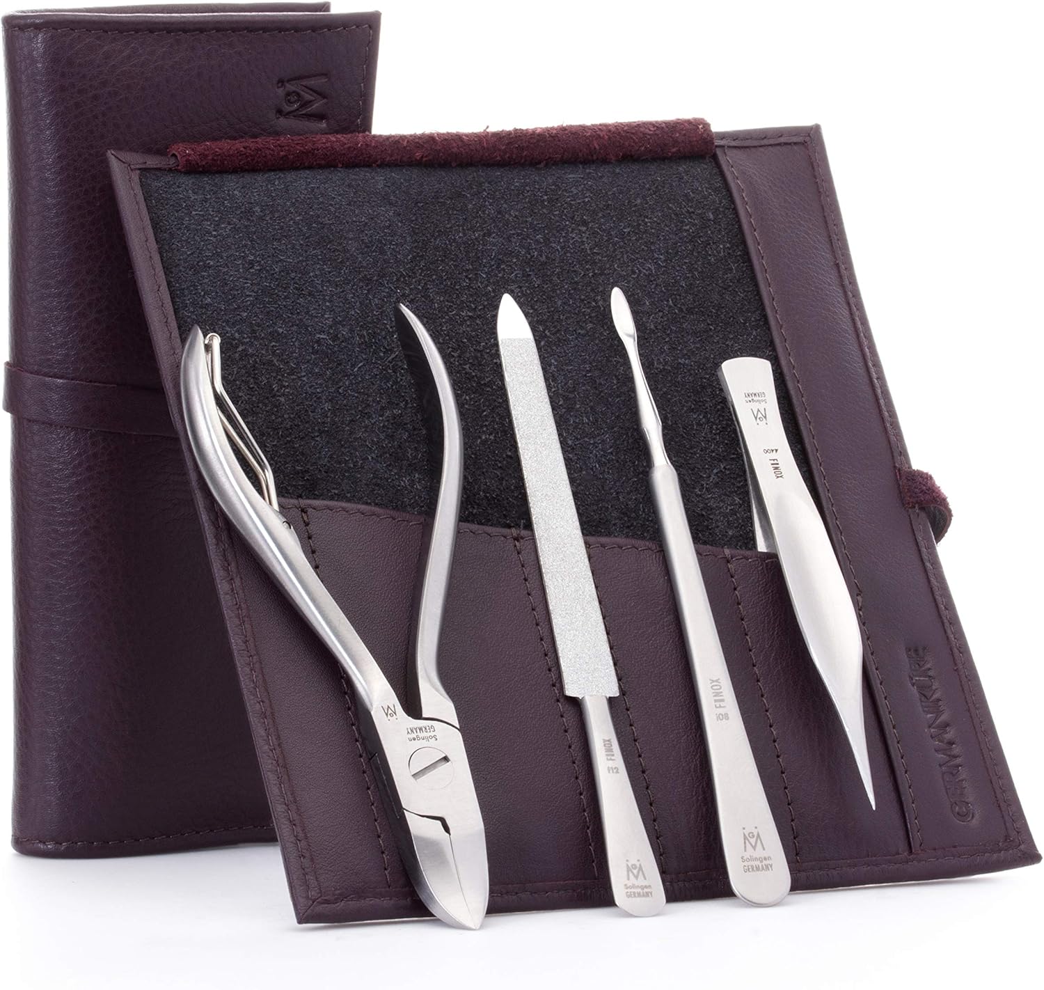 GERMANIKURE 4pc Pedicure Set in Wine Leather Case - Made in Solingen Germany, FINOX Stainless Steel Tools – Professional Quality Compact Mens Grooming Kit