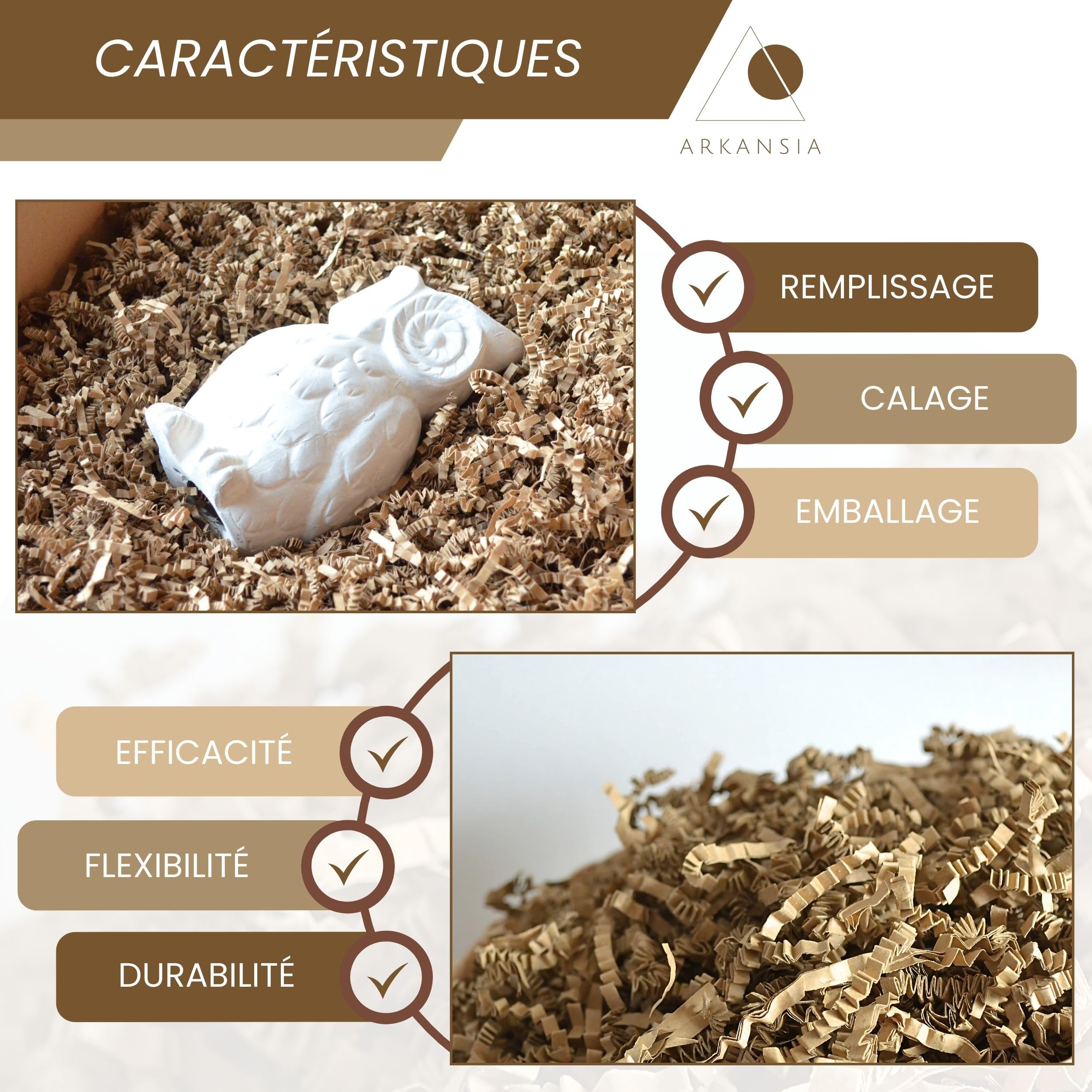 ARKANSIA - 1 Kg Papier Froissé Déchiqueté pour Remplissage Boîte Cadeau & Panier Garni – Frisure Kraft, Calage, Protection, Décoration, Mariage, Fête, Anniversaire, Naissance (Kraft, 1 Kg)