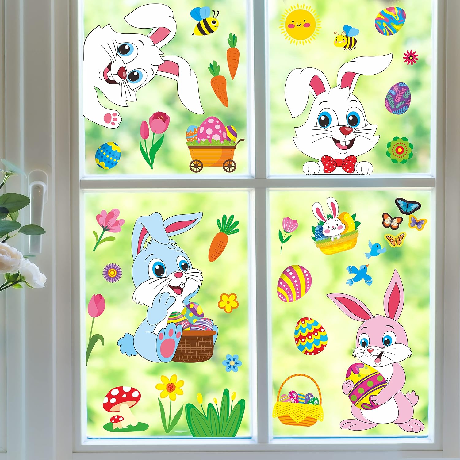 510 PCS Easter Bunny Window Clings, Double Sided Printing Egg Hunt Game Decoration No Residue Easter Holiday Decals Party Supplies Accessories for Home Office Shop (12 Sheets)