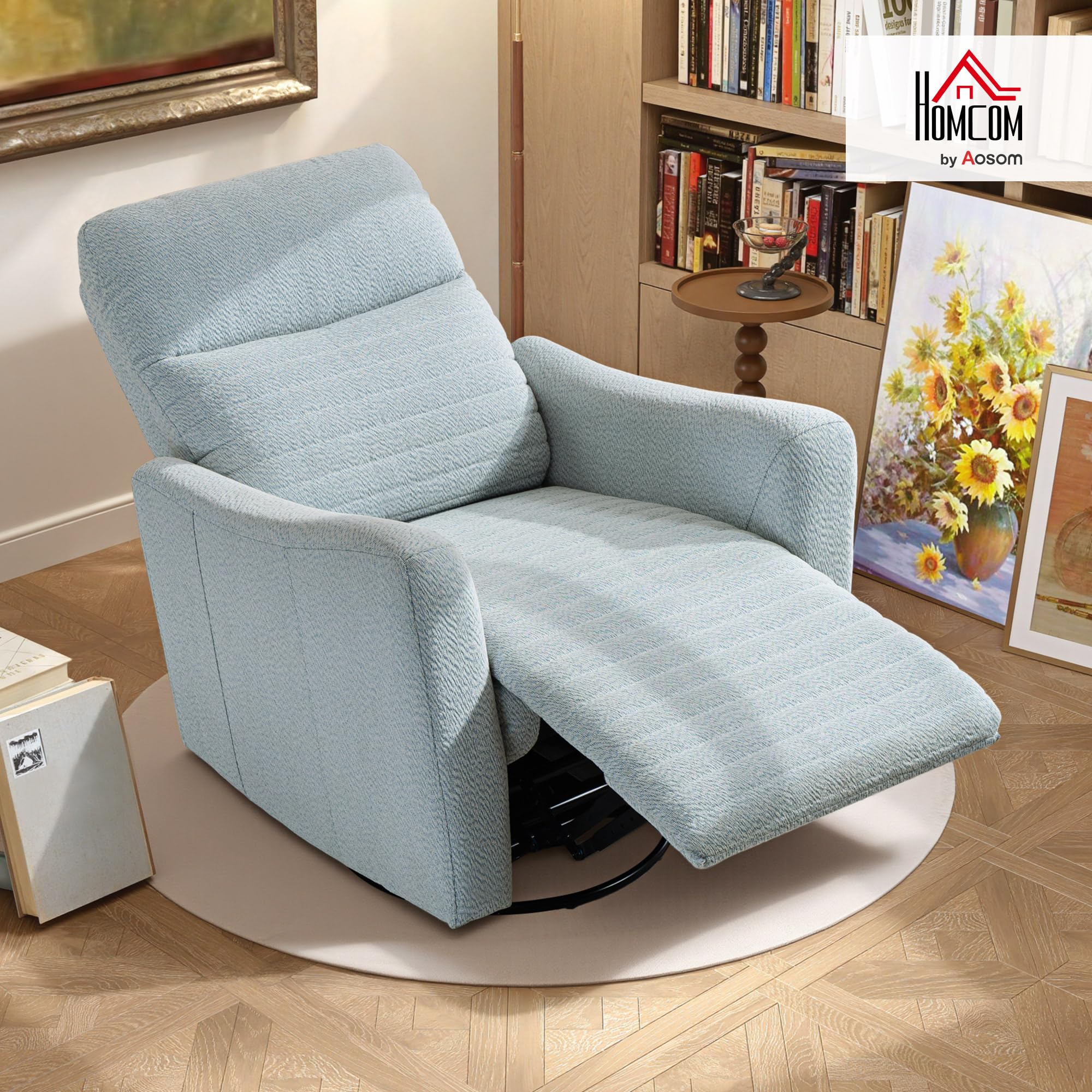 HOMCOM Fauteuil inclinable avec Repose-Pieds, Fauteuil de Relaxation pivotant 360°, basculant, Assise Large, Dossier et accoudoirs rembourrés, Tissu en Lin pour Salon, Bureau, Home cinéma, Gris-Bleu