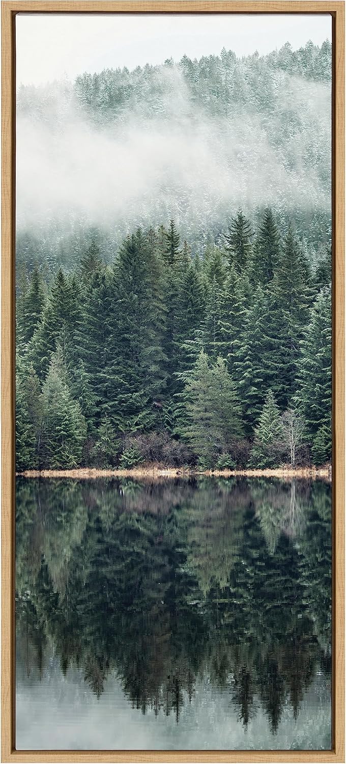 Kate and Laurel Sylvie Misty Forest Framed Canvas Wall Art by Emiko and Mark Franzen of F2Images; 18x40 Natural; Smoky Forest Mountain Photograph Art for Wall