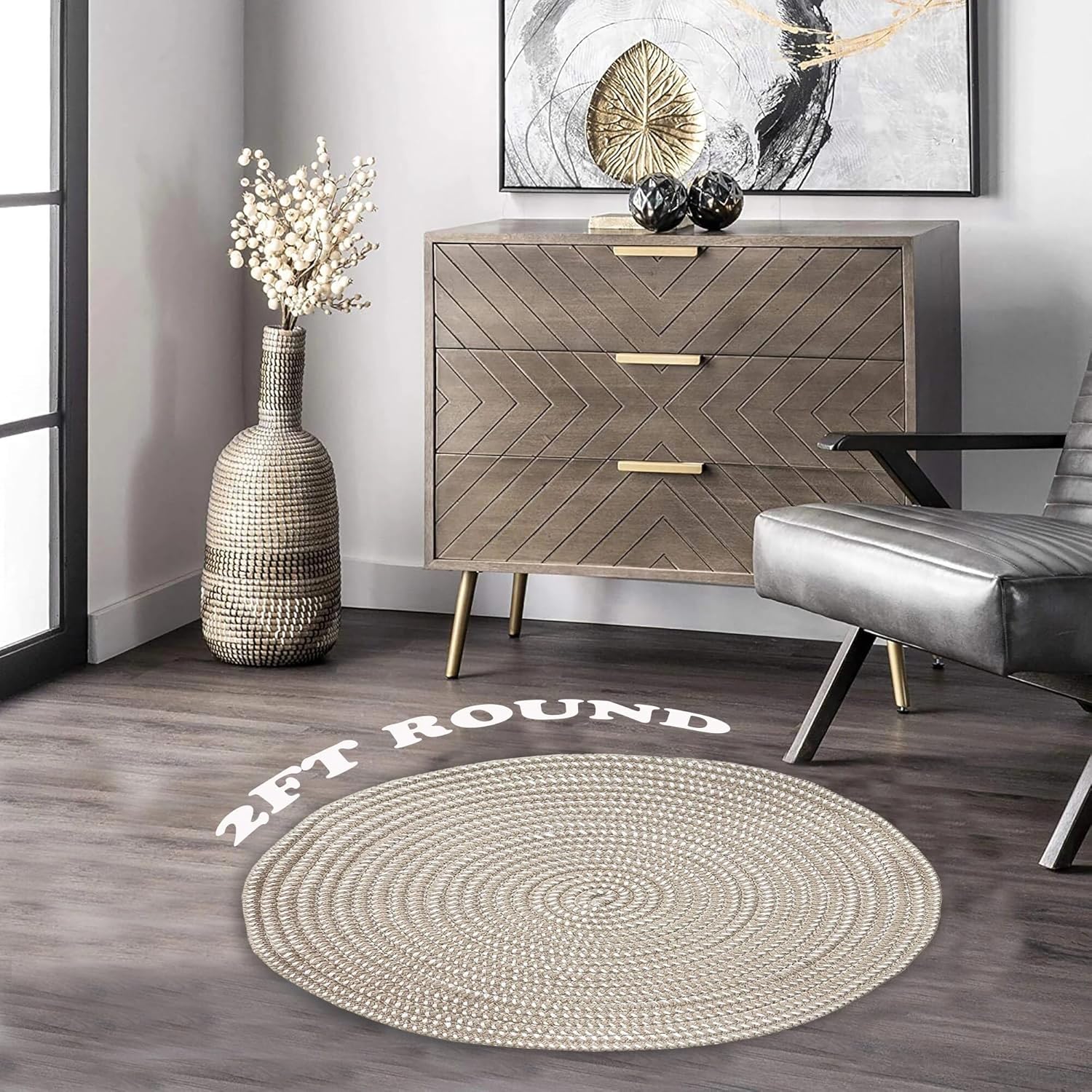 Hand Woven 2 ft Round Area Rug for Living Room, Bedroom & Study Carpet Chair Base Mat Pad Vase Cushion- 2' Round, Light Camel