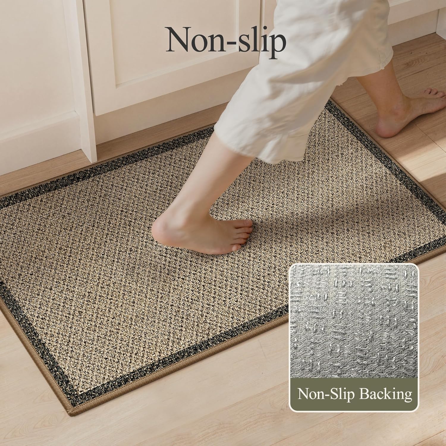 GENIMO Kitchen Rugs Non Slip Washable, Absorbent Kitchen Mats for Floor, Cushioned Comfort Standing Kitchen Runner Rug for Sink, Office, Laundry, Entryway, Home, 17.3"x47"+17.3"x30", Beige Border