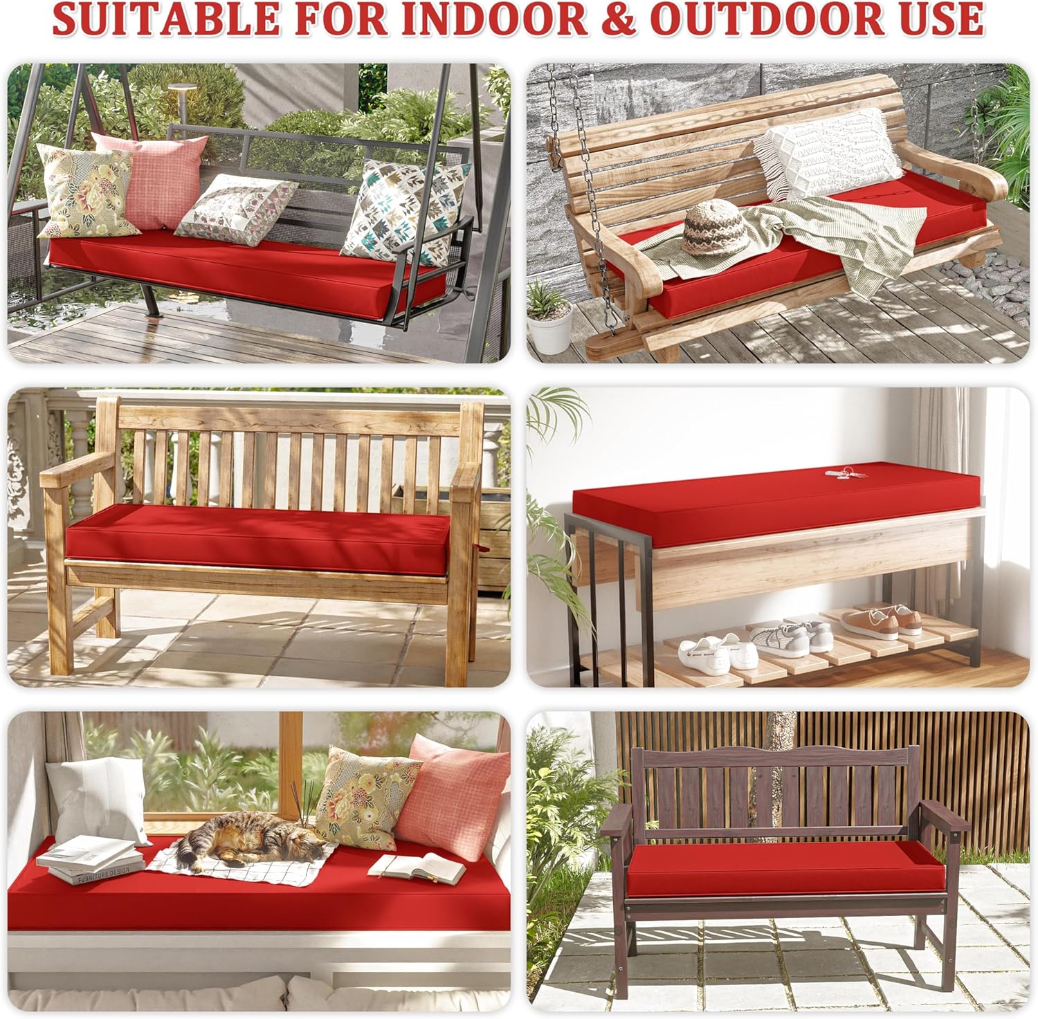 Premium Outdoor Bench Cushions for Patio Furniture 3.5inches Memory Foam Bench Cushion Waterproof Fade Resistant Porch Swing Cushions with Straps 42×18 Inch Red