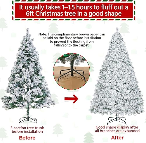 Miniatura 6 de Yaheetech Árbol de Navidad artificial de abeto preiluminado de 6 pies con bisagras flocadas de nieve con 250 luces LED multicolor y 820 puntas de