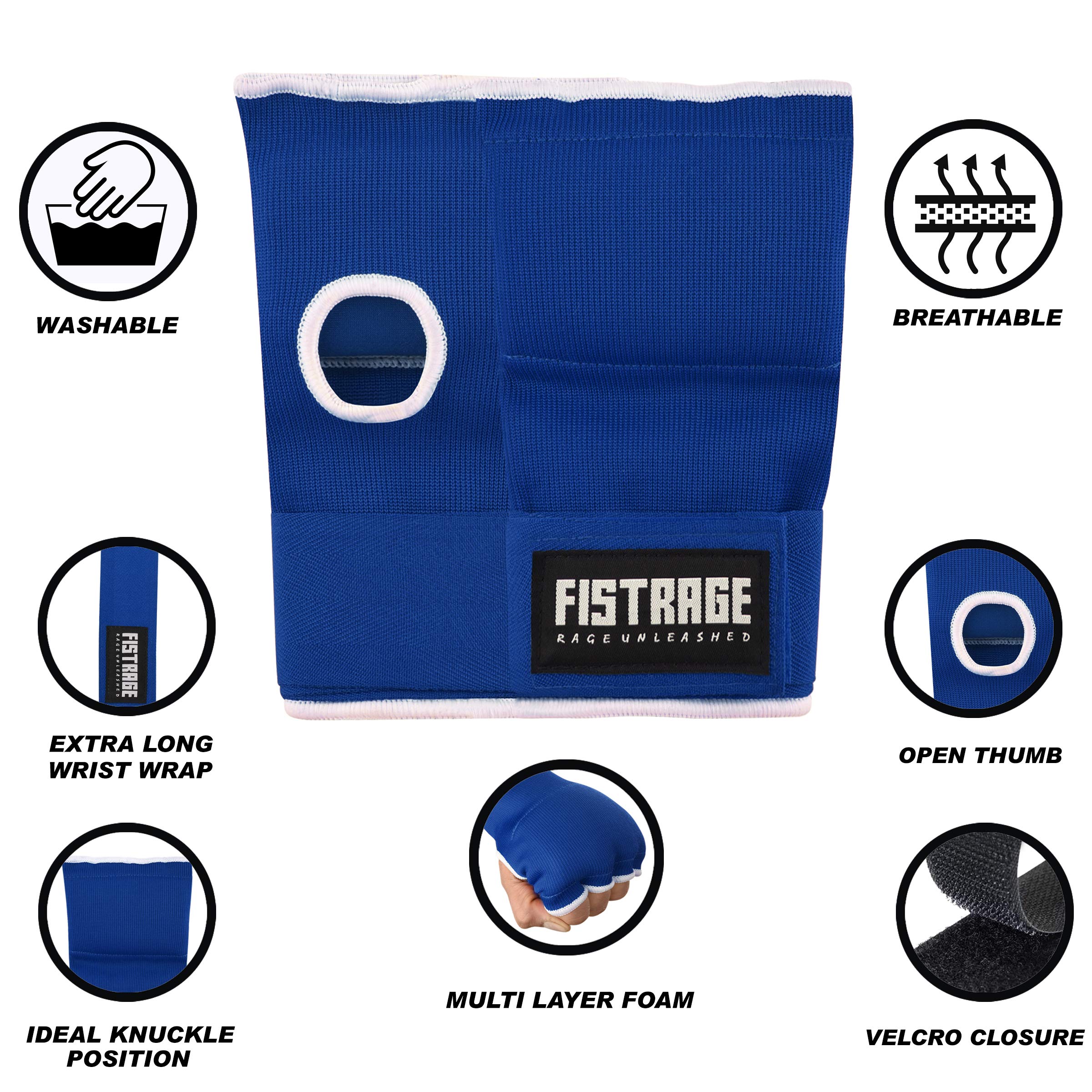 FISTRAGE Boxing Hand Wraps Inner Gloves for Punching, Elasticated Padded Bandages Under Mitts, Quick Long Wrist Support, Fist Protector, Great for MMA, Kickboxing, Martial Arts Training (Blue, L/XL)