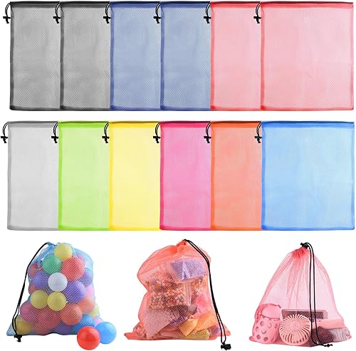 PLULON 12 bolsas de malla con cordón de malla para lavandería, bolsa de nailon con cordón de 13 x 15.5 pulgadas para piscina, playa, bolas,