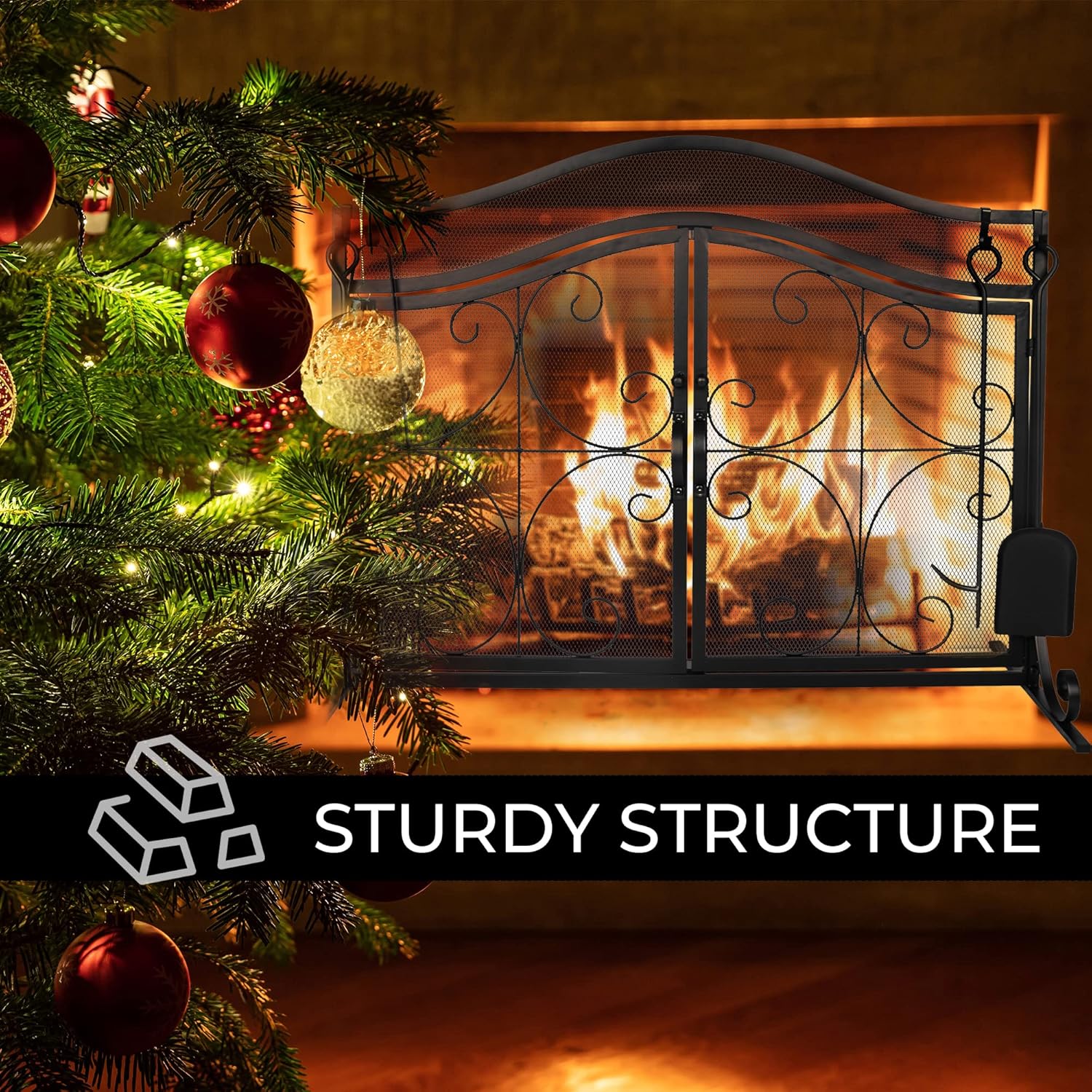 Doppy 39 x 31 Inch Fireplace Screen, Metal Fire Place Cover Two-Doors Large Flat Guard Screens,Baby Safe Spark Guard Protector Wood Burning Stove Decorative Accessories