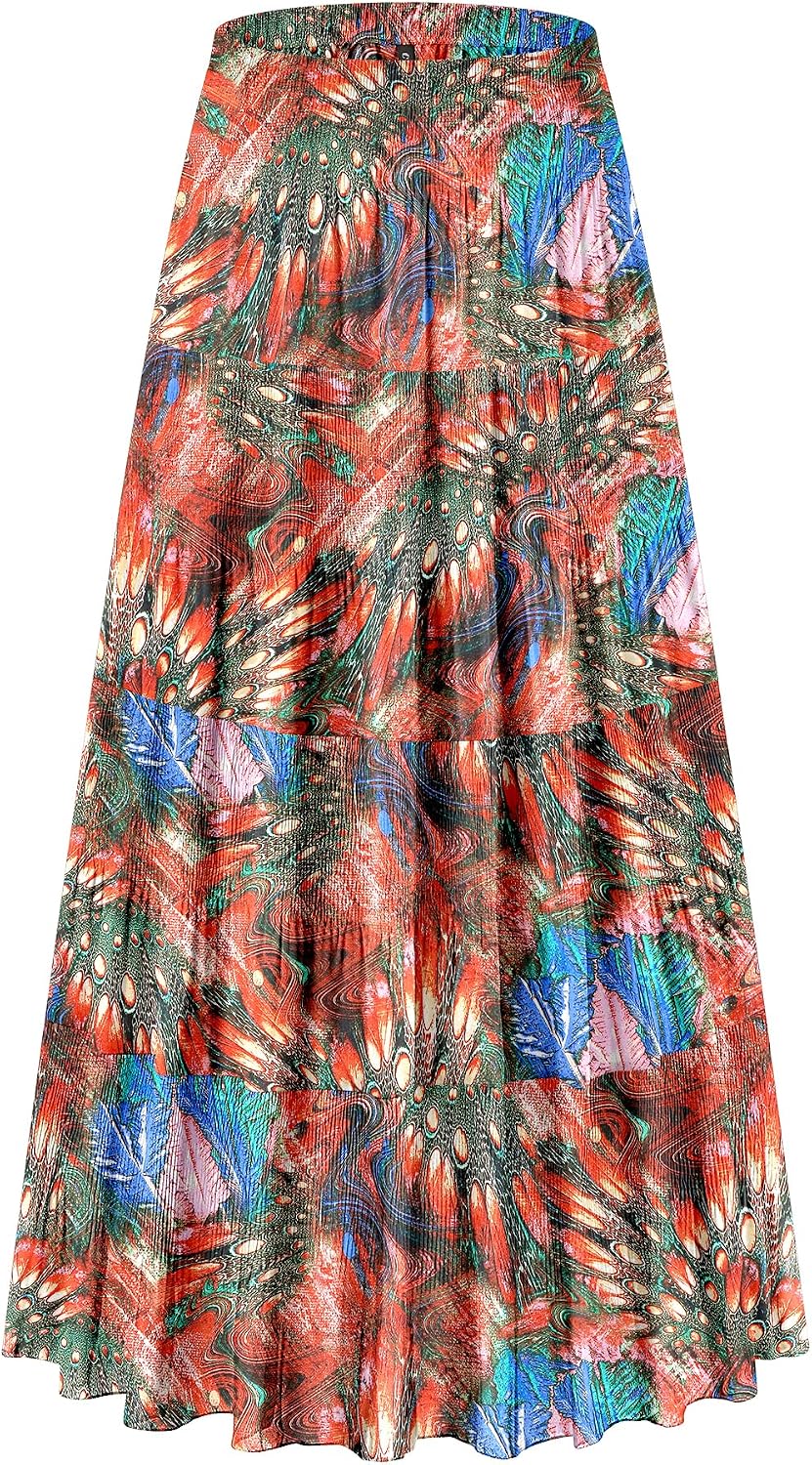 CYiNu Women’s Chiffon Elastic High Waist Tiered Pleated Floral Printed A-Line Boho Long Maxi Skirts