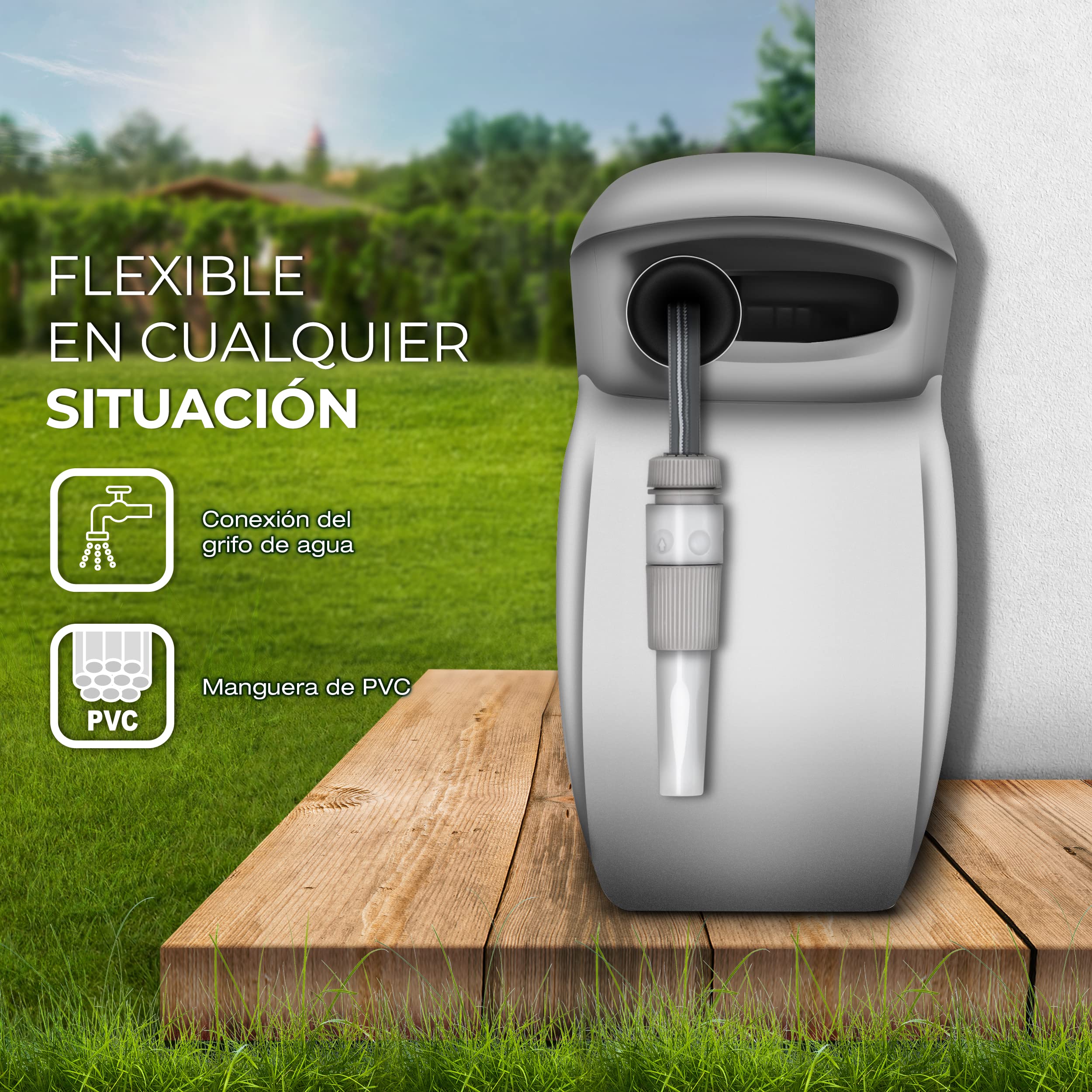 TRESKO® Carrete para Manguera 30+2m | Carro Enrollador de Manguera de Pared | Con Manguera | Automático | Incl. Soporte de Pared, Pistola de Riego y Material de Montaje