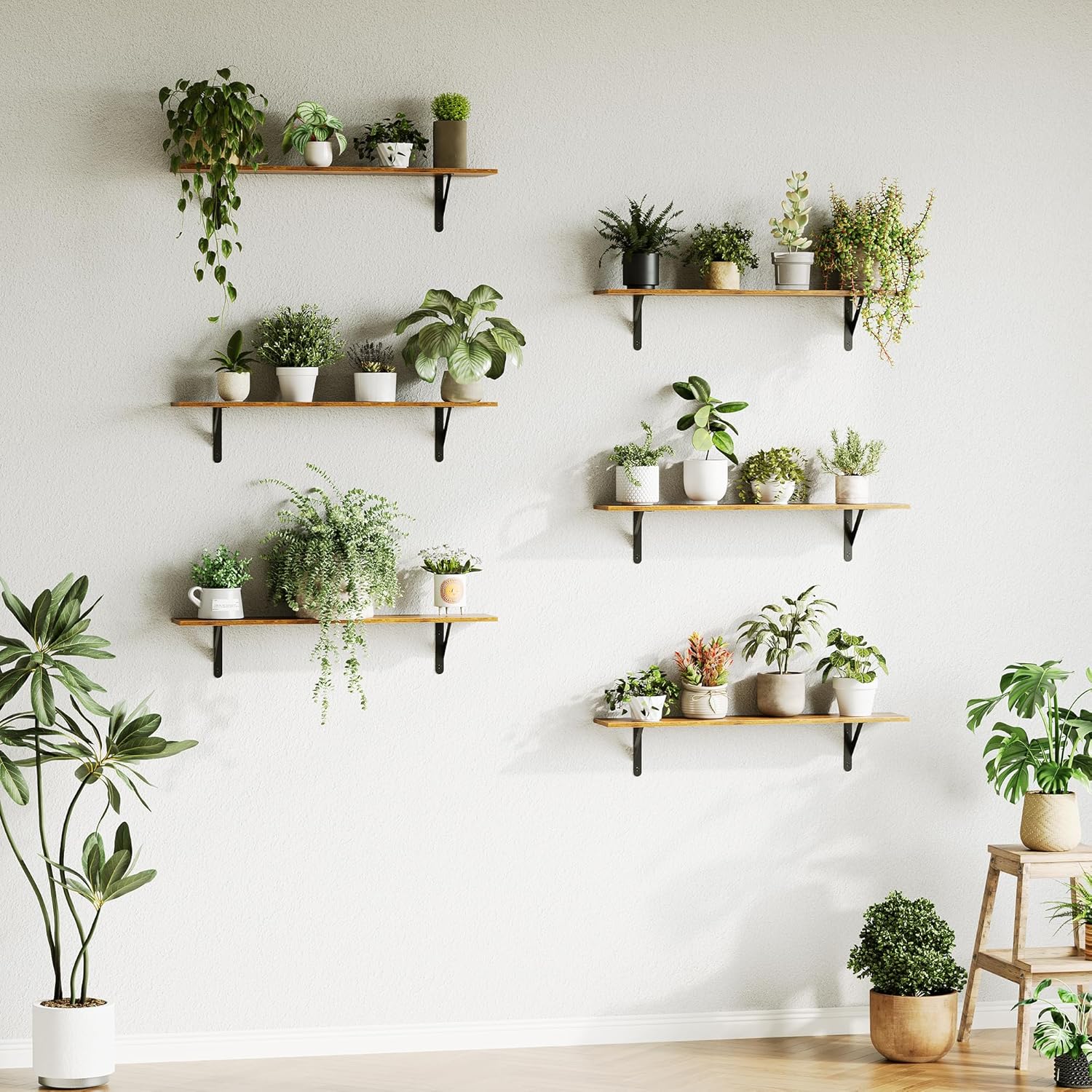 WOPITUES Floating Shelves for Wall 32″W x 8″D, Long Wall Mounted Shelves Set of 3, Wood Book Shelves Decor, Farmhouse Display Shelf for Bedroom, Living Room, Laundry Room, Kitchen, Bathroom, Brown