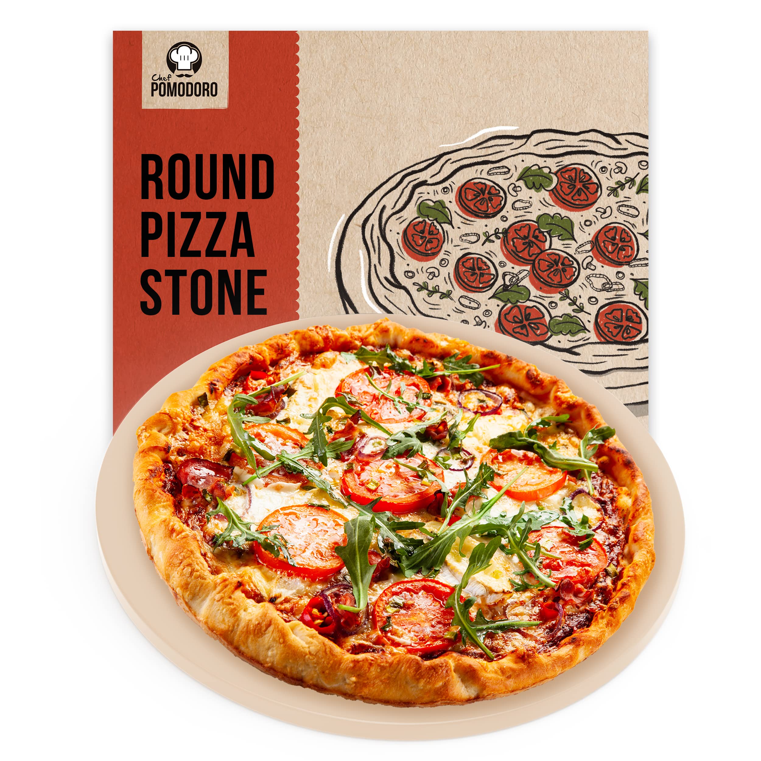 Chef Pomodoro Pizza Stone, Pizza Stones for Oven, Natural Baking Stone for Oven and Grill - Durable Cordierite Stone for Baking Pizza and Bread (12.5" / 32 cm - Round)