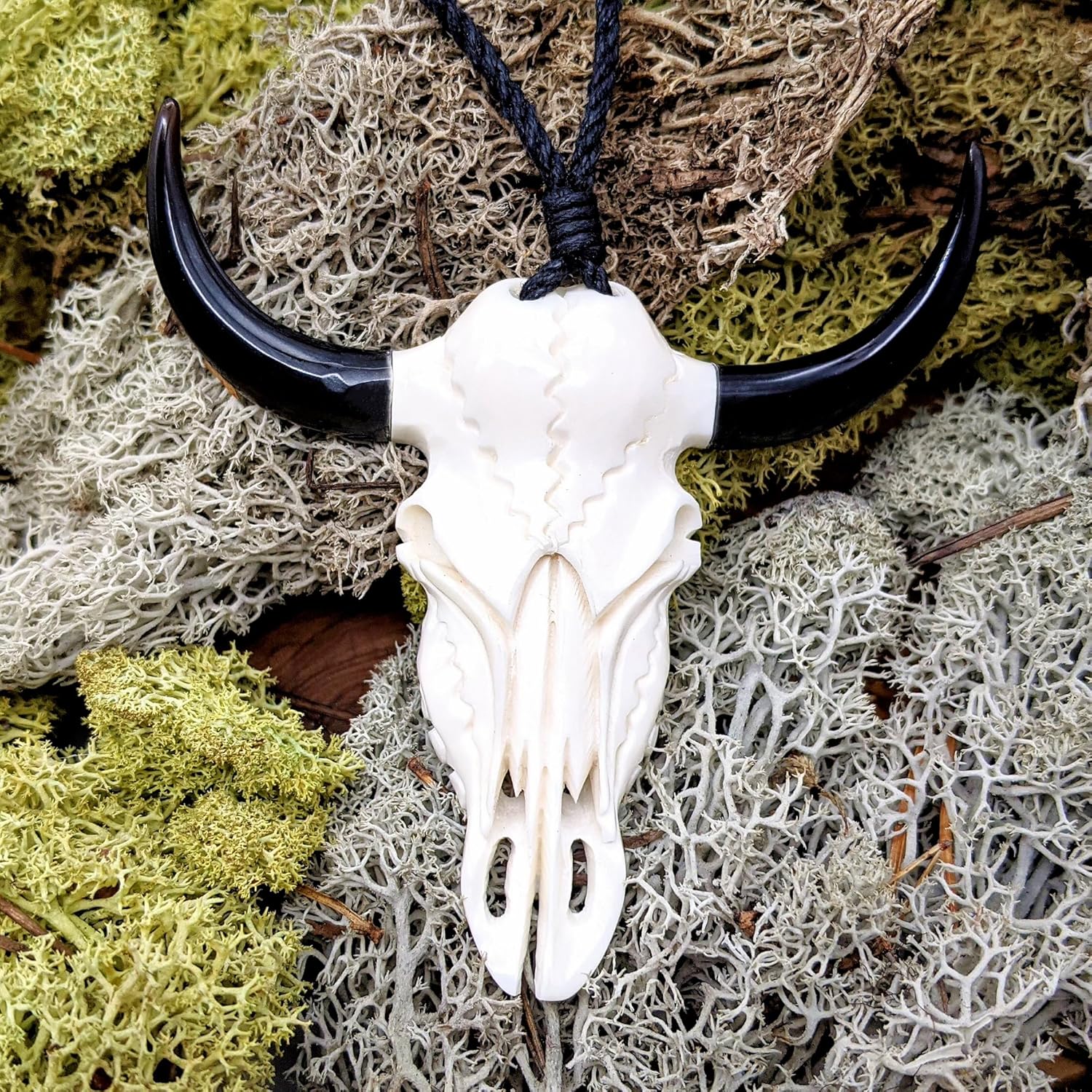 81stgeneration 925 Silver Hand-Carved Large Buffalo Skull Spirit Totem Amulet Necklace – Tribal Horn Pendant - Shamanic Talisman for Men and Women - Western Cowboy Jewelry - Black Cord Necklace