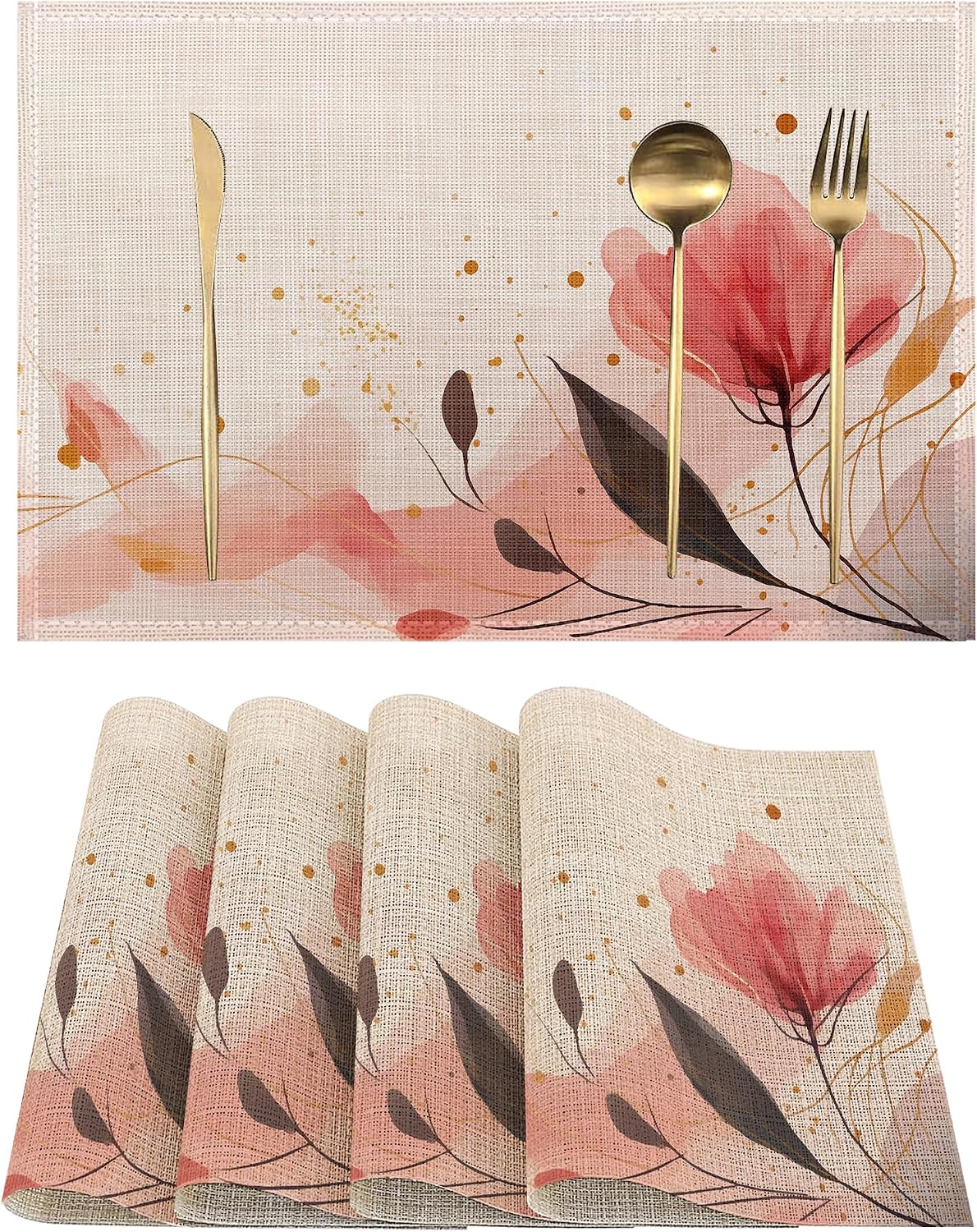 Blush and Gold Floral Art Placemats Set of 4, Waterproof Place Mats Non-Slip Washable Table Mats Set for Kitchen Dining Holiday Party Wedding Decor 12x18 Inch