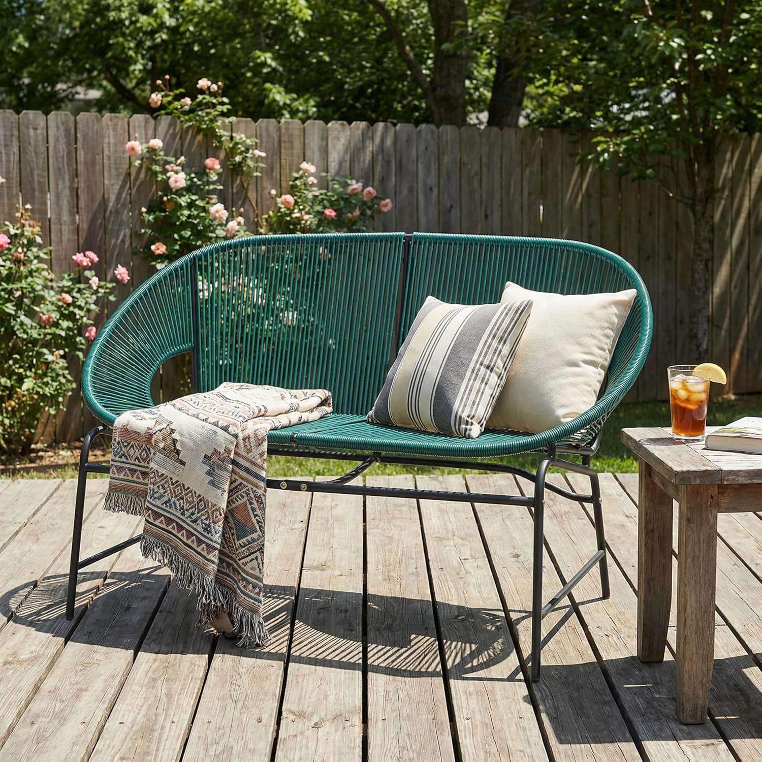 Christopher Knight Home Dessa Iron Outdoor Loveseat Sofa, Metal Patio 2-Seater Sofa with Woven PE Rattan, Double Egg Chair, Patio Furniture Set, Teal+Black