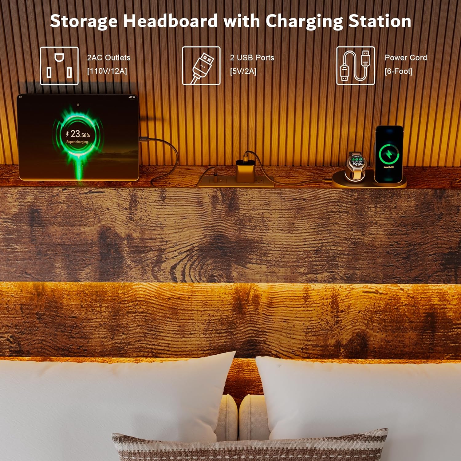 iPormis King Size Floating Bed Frame with LED Lights & Charging Station, Platform Bed with Wooden Storage Headboard, Steel Slats Support, No Box Spring Needed, Easy Assembly, Noise-Free, Vintage Brown