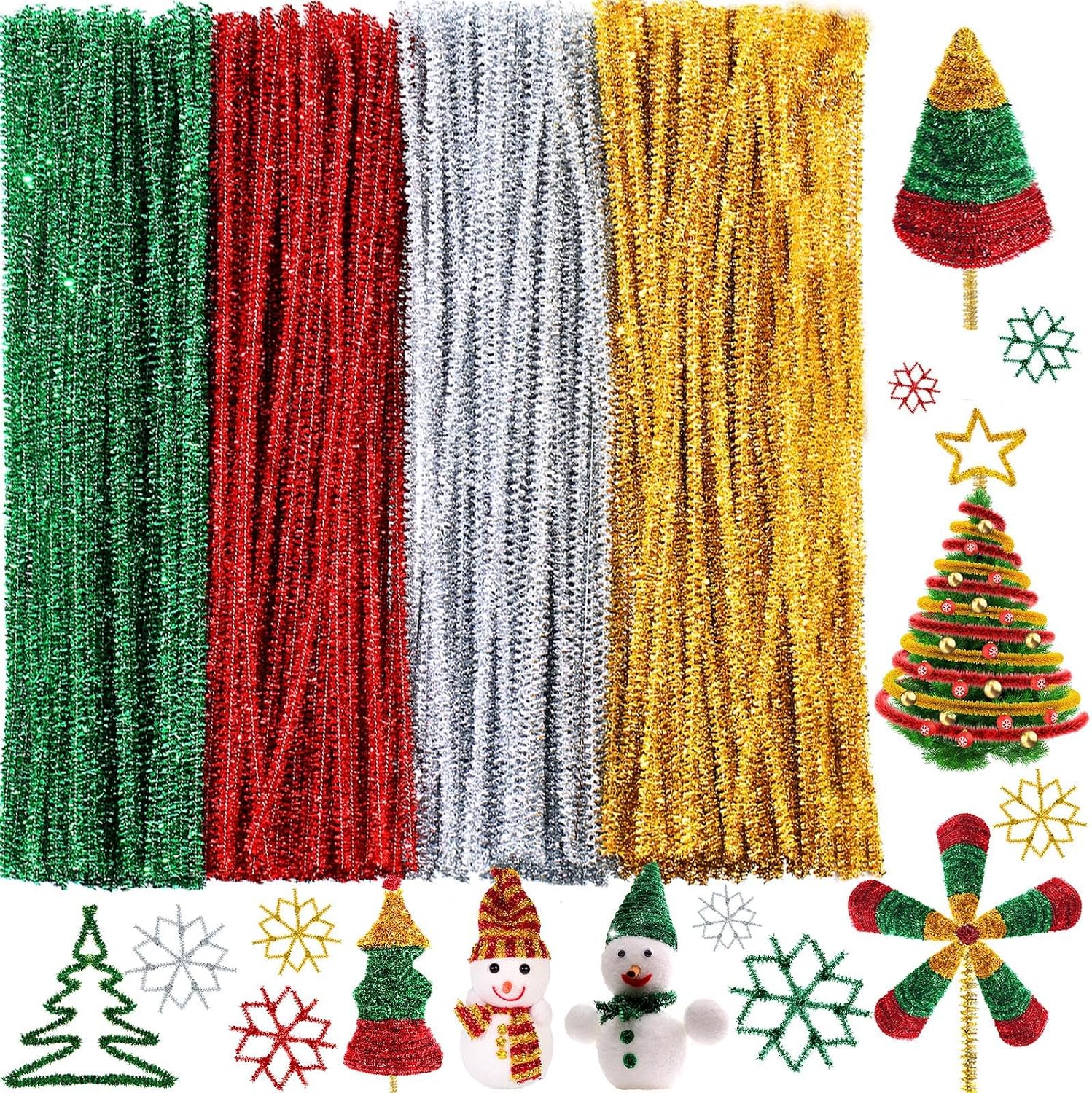WILLBOND 400 Pieces Christmas Pipe Cleaners Craft Pipe Cleaners Glitter Chenille Stems Creative Arts Chenille Stems for DIY Craft Christmas Decoration, 12 Inches (Red, Gold, Silver, Green)