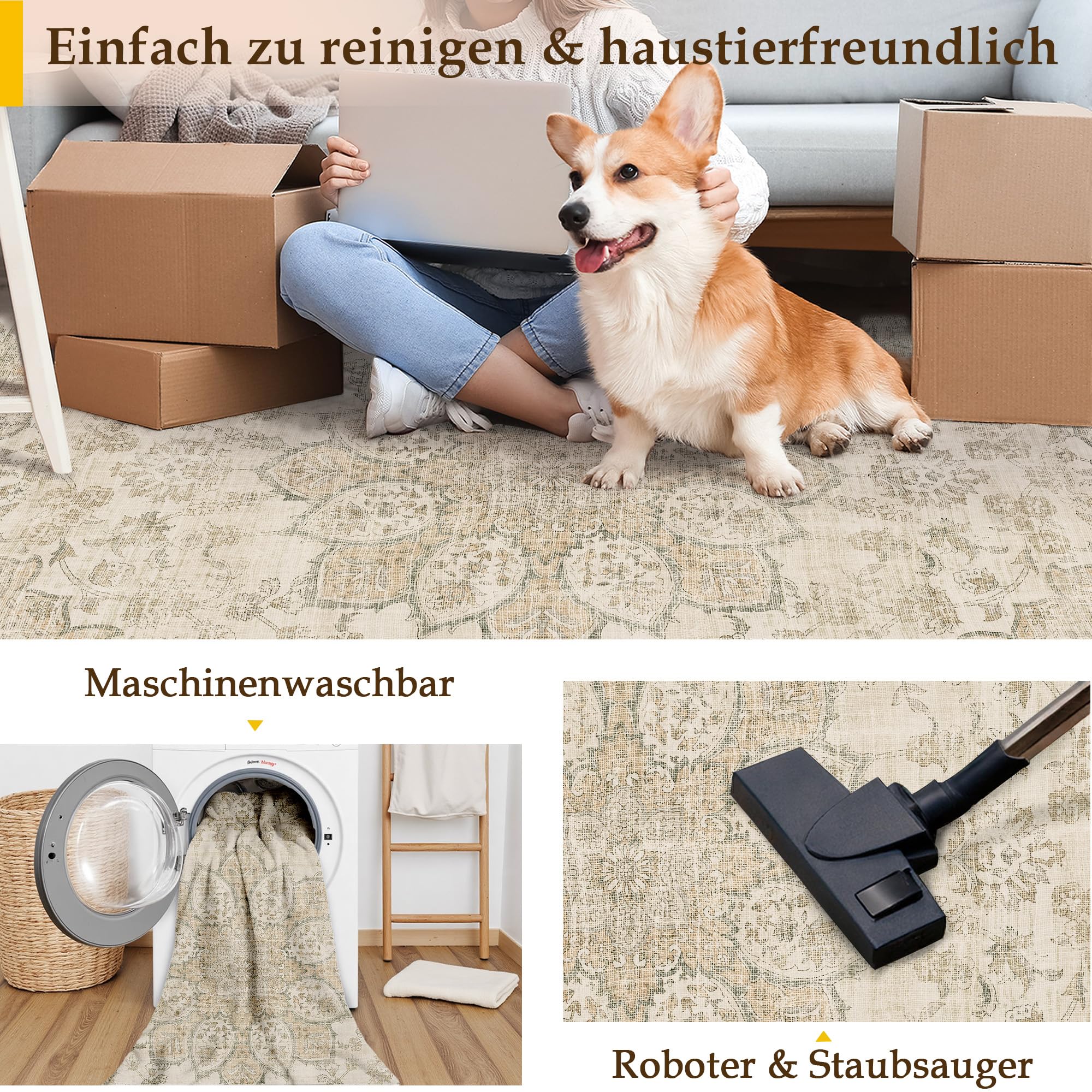 PureCozy Beige Teppich Wohnzimmer 160x230cm Vintage Wohnzimmerteppich Waschbarer rutschfest Weich Groß Carpet Teppiche Schlafzimmer Esszimmer Büro Kurzflor Tepich Rug | Rutschfest, Vintage, groß, Teppich, Schlafzimmer, Bettfuß, Wohnzimmer, Esszimmer, Tepp