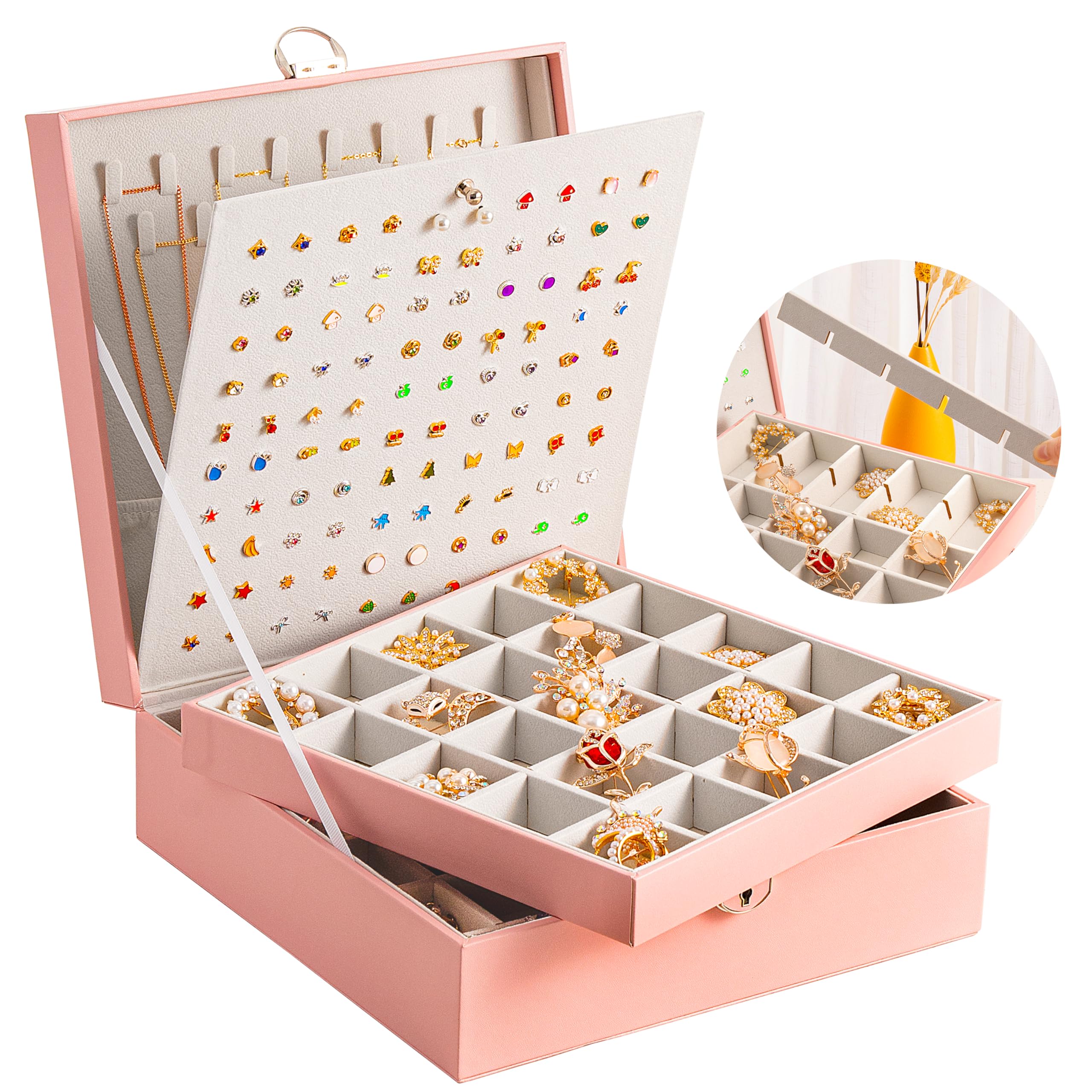 Photo 1 of vickey Stud Earring Organizer Box 50 Slot Earring Jewelry Box for Girls Earring Holder Organizer Box Stud Earring Organizer for Women Necklace and Earring Box for Girls Earring Storage Organizer Pink