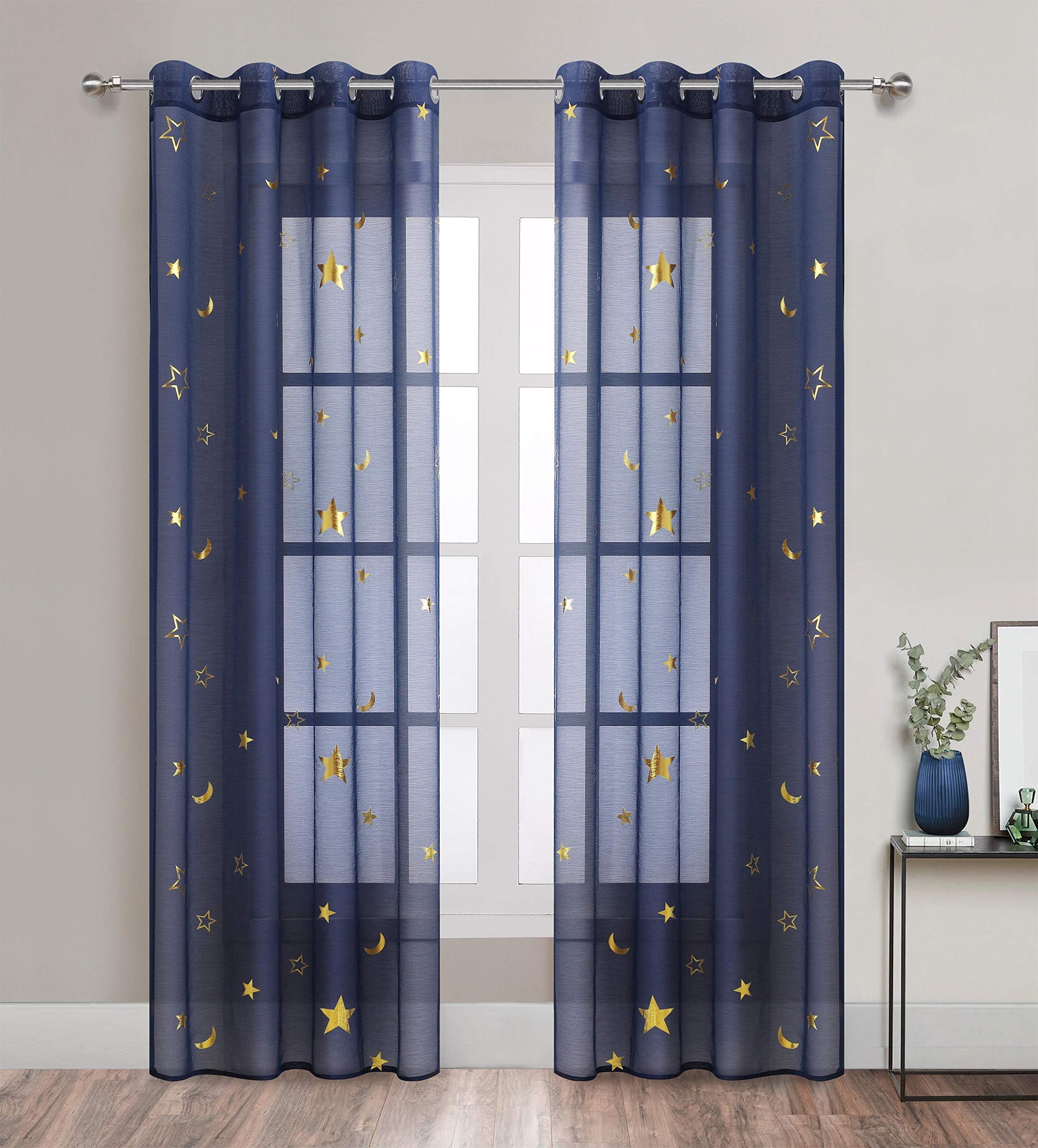Romantic Starry Sky Theme Draperies 2 Panels Grommet Top Window Treatment with Twinkle Gold Stars Thin and Soft Curtains for Living Room/Kid's Room 84 inch Length Set of 2 Navy Blue