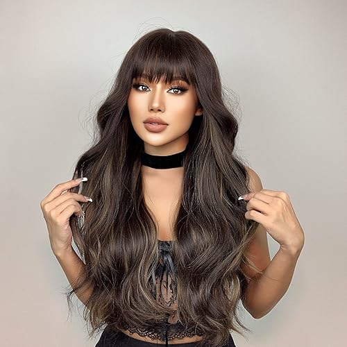 Miniatura 4 de EMMOR Pelucas de color marrón degradado para mujer, pelucas largas rizadas con flequillo, pelucas sintéticas resistentes al calor, suaves y de