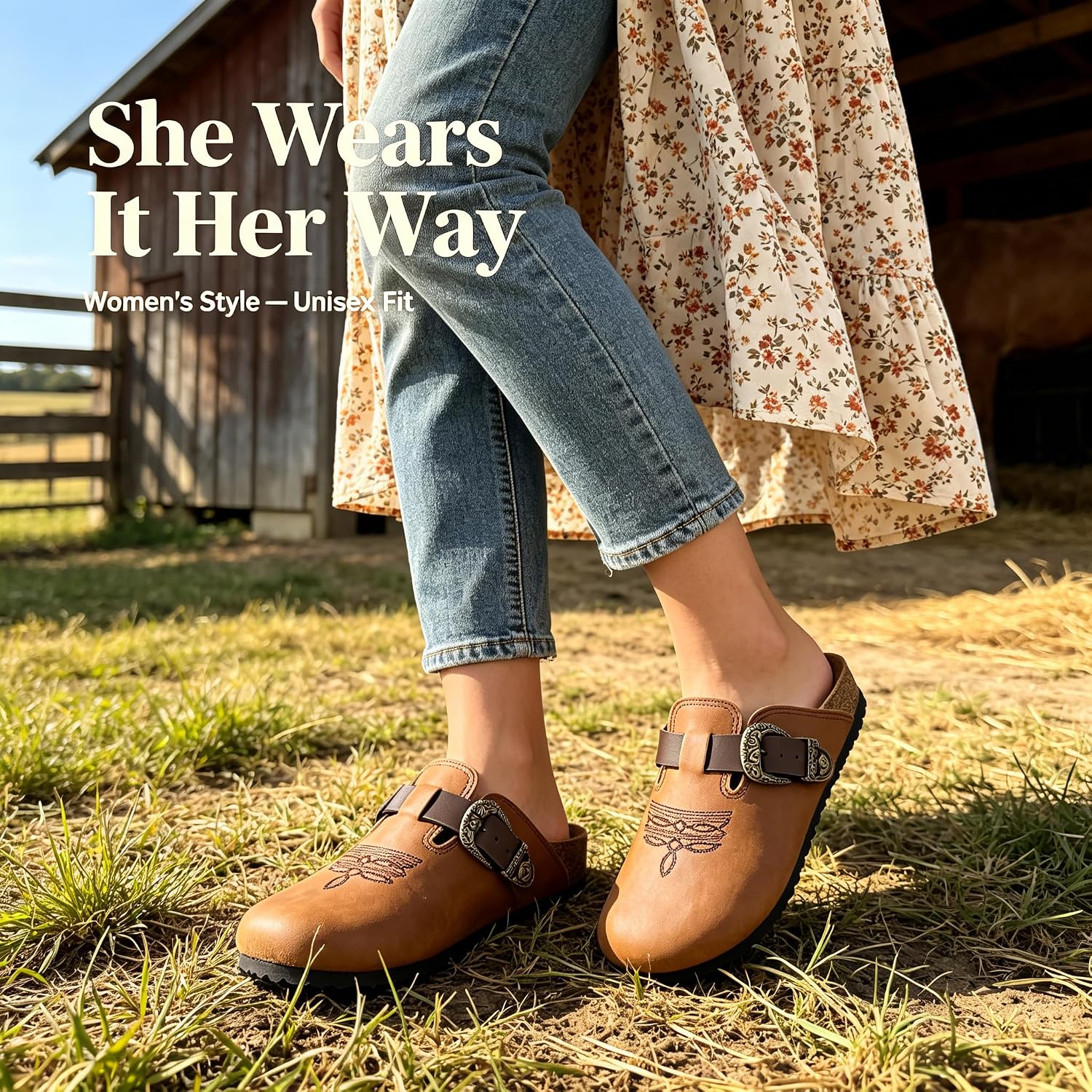 Western Leather Clogs for Women Men Cushioned Cork Footbed Boho Cowboy Cowgirl Mules Slip on Potato Shoes with Classic Embroidered Arch Support