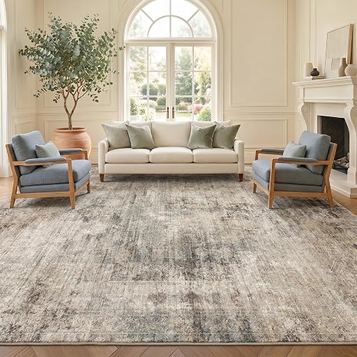 Farmhouse 8x10 Washable Area Rugs for Living Room, Neutral Taupe Brown Abstract Rug for Dining Room and Bedroom, Soft Foldable Low Pile Carpet, Stain Resistant Non-Slip Backing