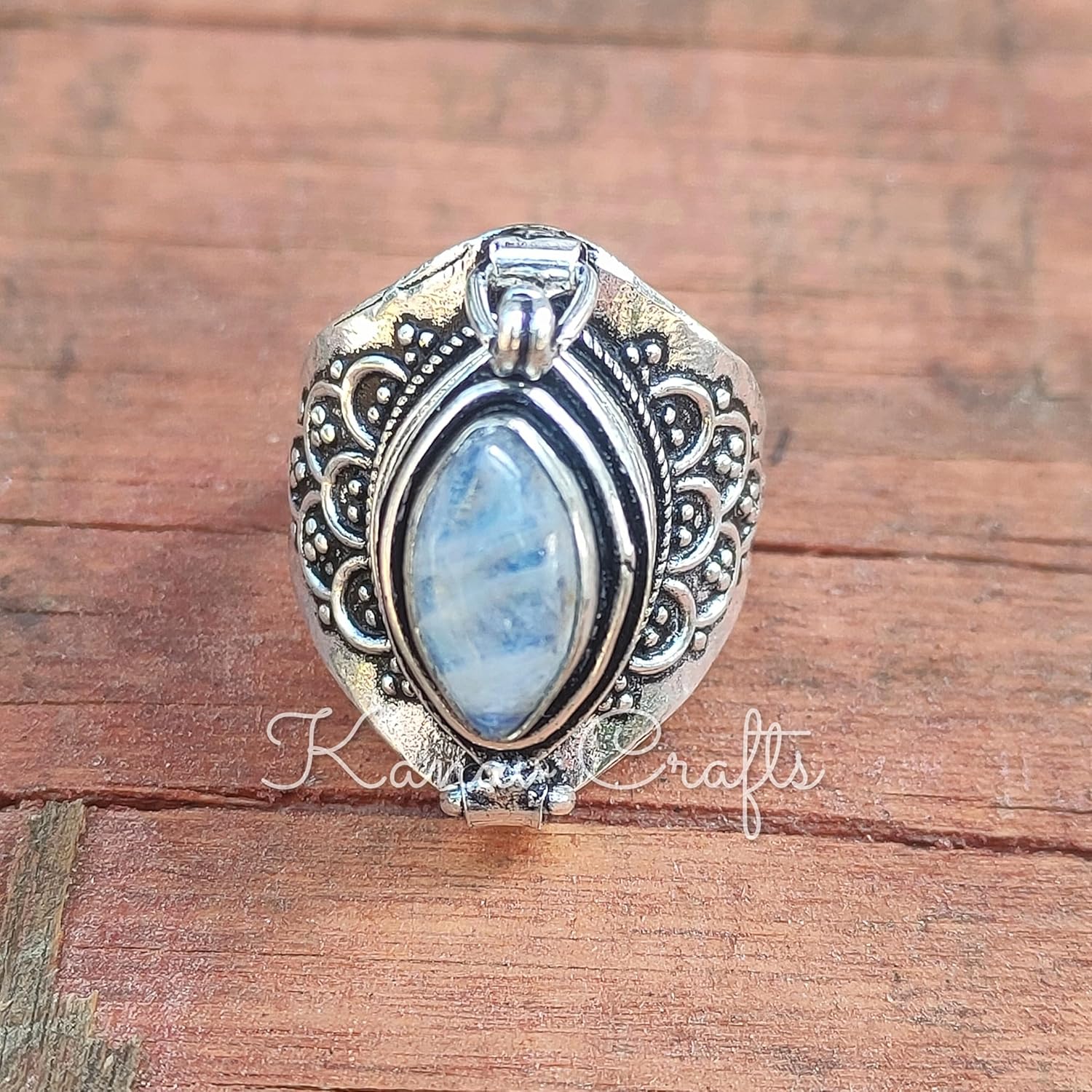 Halloween Day Gift, Natural Rainbow Moonstone Ring, Poison Box Ring, Marquise ~ Gemstone Ring, June Birthstone Ring, Openable Poison Ring, Poison Ring, Locket Ring, Blue Flash Ring