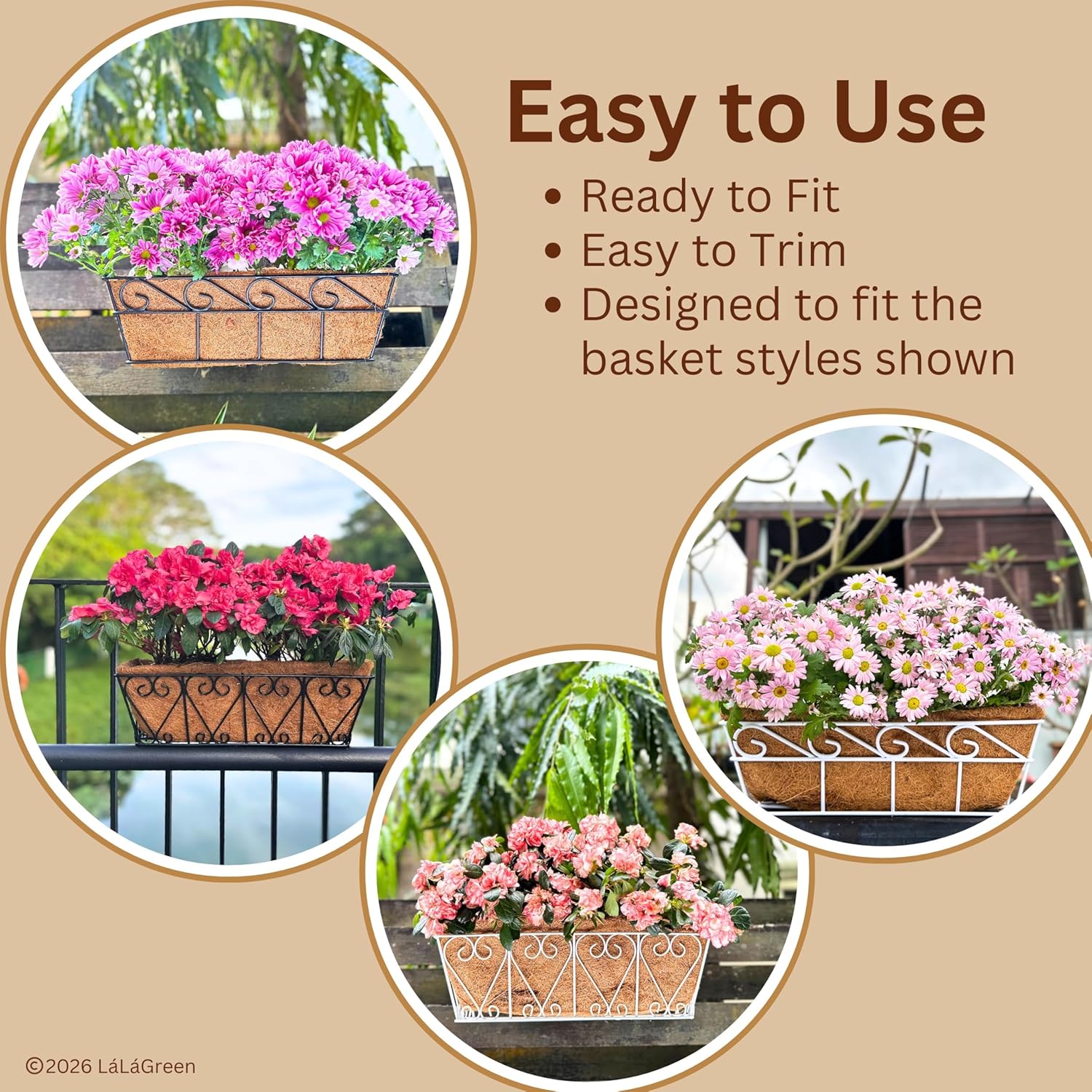 LaLaGreen Bundle- 2 Pack, 16 Inch Rectangular Metal Basket with Coco Liner + 2 Pack, 16 Inch Coconut Coir Liner Replacements Outdoor Window Flower Boxes Rail Deck Fence Porch Plants Holder Patio Decor